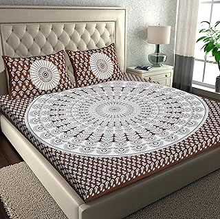 RajasthaniKart Comfort Rajasthani Jaipuri Traditional Sanganeri Print 144 TC Cotton Double Size Bedsheet with 2 Pillow Covers (Double, Brown)