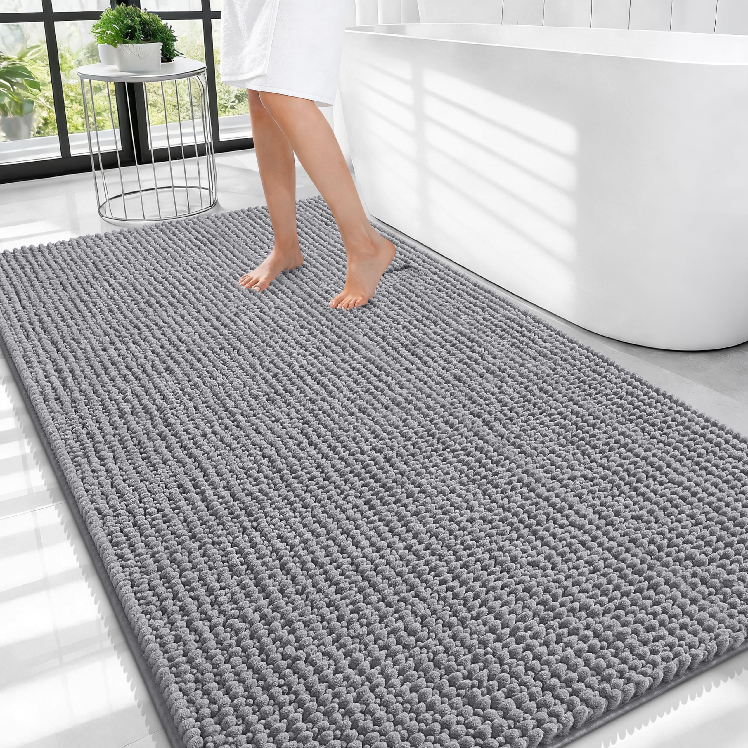 OLANLY Thick Chenille Large Bathroom Rugs 44x32, Absorbent Bath Mat, Grey
