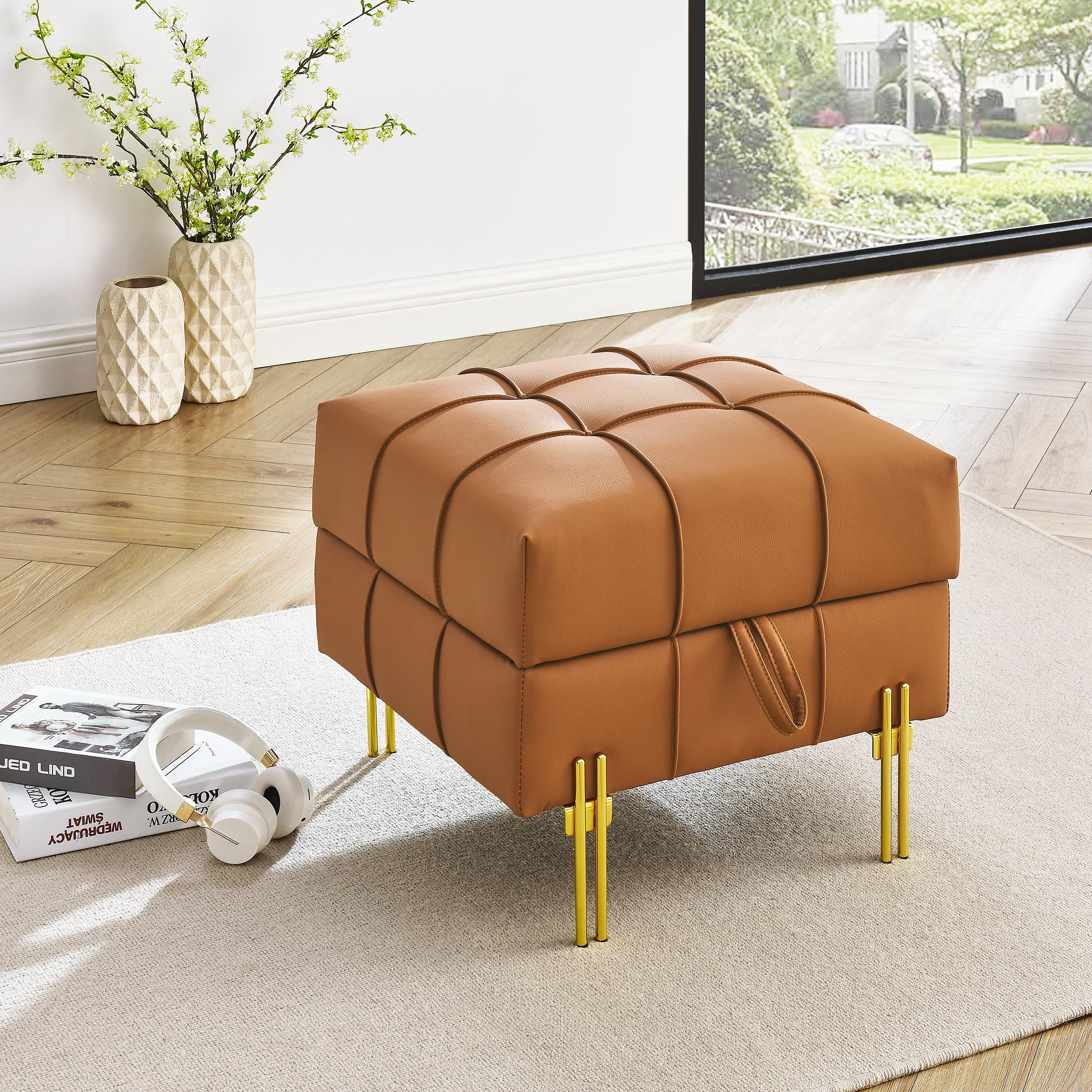 22 Inch Storage Ottoman, Anti-Scratch Leather Bench with Tufted Stitching, Hidden Storage and Golden Stainless Steel Legs, Pet Friendly Entryway Seat, Orange