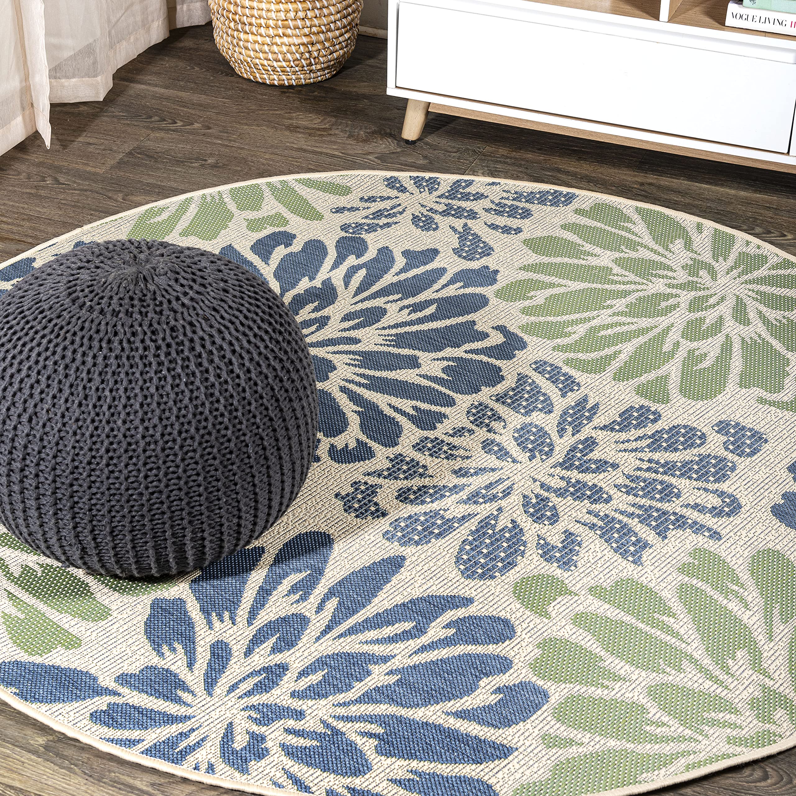 JONATHAN Y SMB110B-6R Zinnia Modern Floral Textured Weave Indoor Outdoor Area-Rug Bohemian Coastal Easy-Cleaning Bedroom Kitchen Backyard Patio Non Shedding, 6' Round, Navy/Green