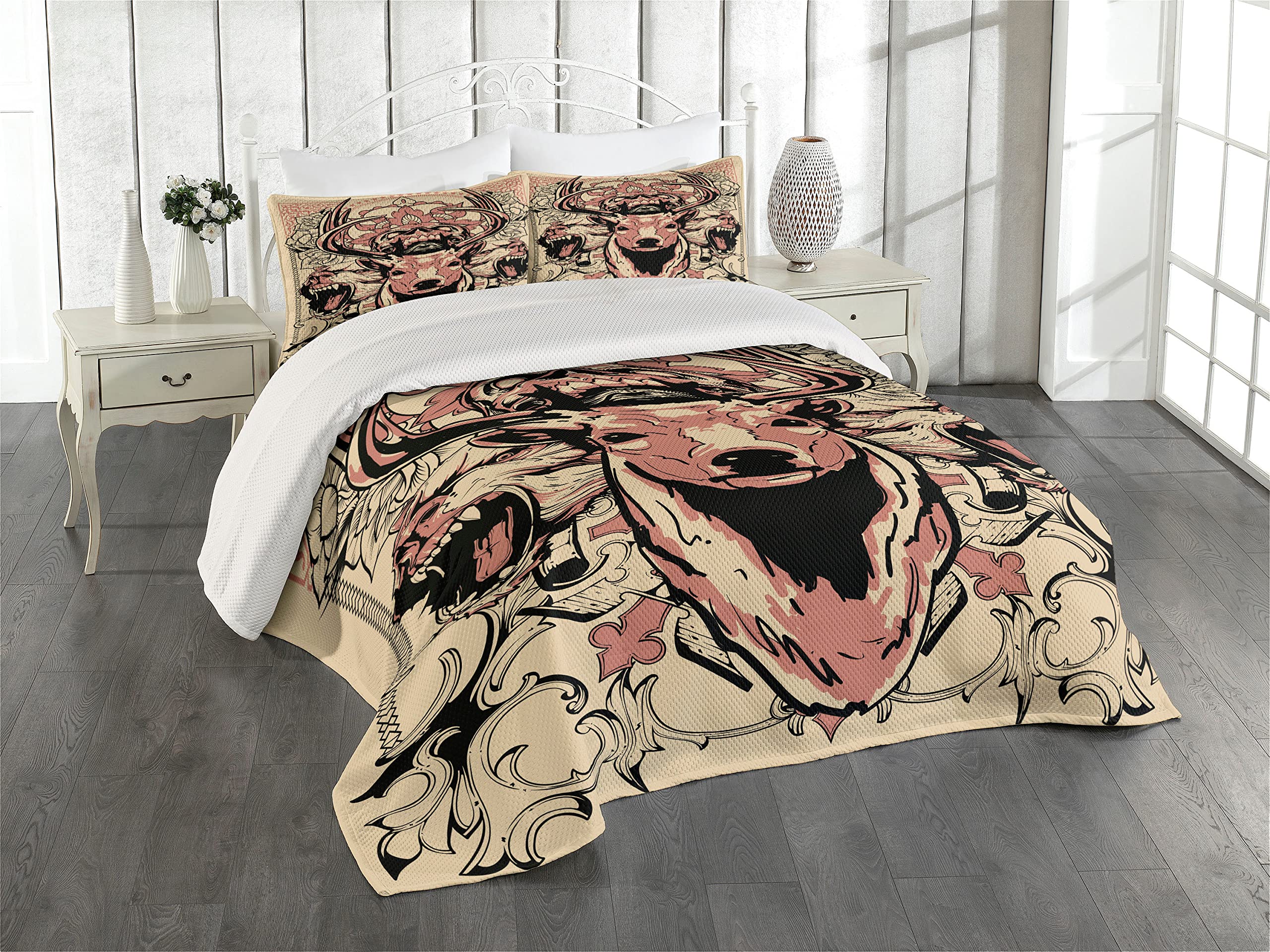 Ambesonne Deer Coverlet, Modern Illustration of Skull and Wolves with Floral Design Majestic Antler, 3 Piece Decorative Quilted Bedspread Set with 2 Pillow Shams, Queen Size, Black Beige Pink