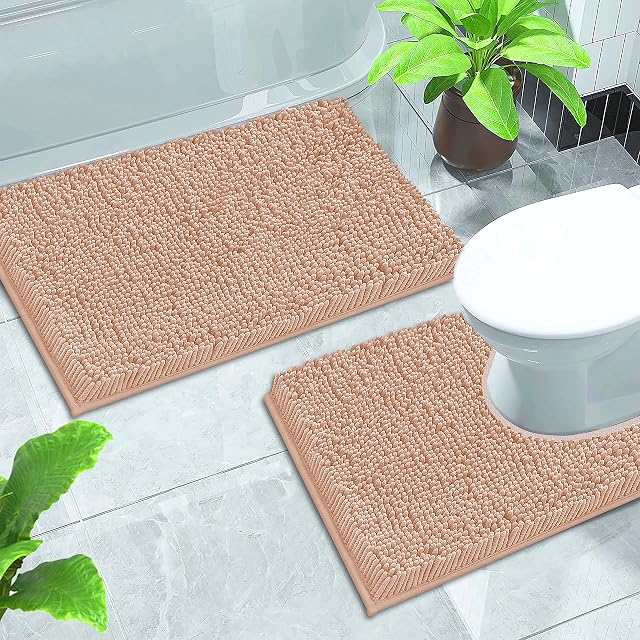 GVTECH Bath Mat Set 2 Pieces, Chenille Non-Slip Back 50x80 cm Bathroom Mat & 50x60 cm U Shape Toilet Rug Fleece Softness, Highly Absorbent, Bathroom Carpet, Super Soft Microfiber Bath Rug (Beige)