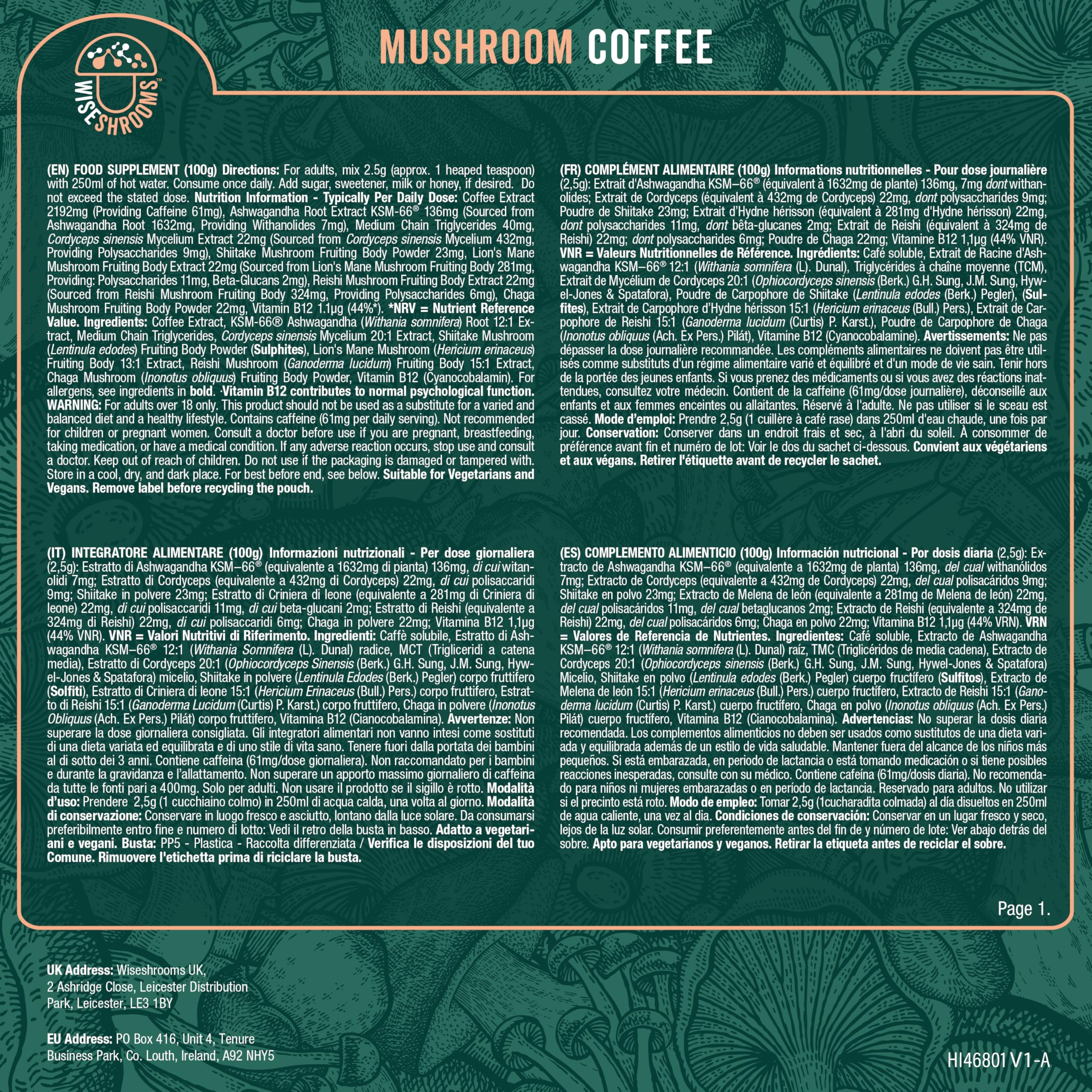 Pilz Kaffee mit Ashwagandha KSM-66 | 40 Portionen | 5 Pilz Komplex mit Löwenmähne, Cordyceps, Shiitake, Reishi, Chaga & Zugesetzt Vitamin B12 | von Wiseshrooms