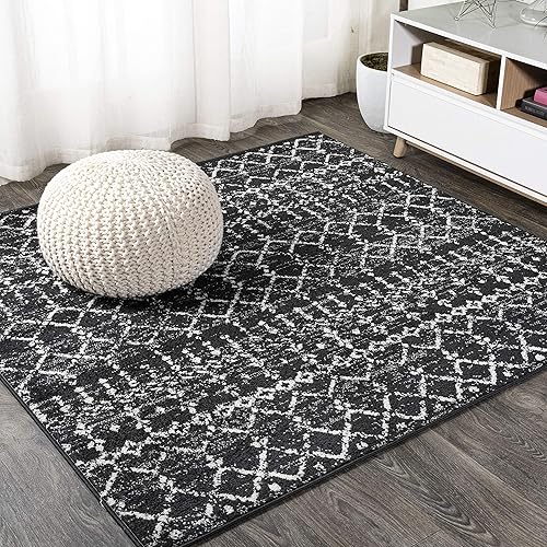 JONATHAN Y MOH101D-5SQ Moroccan Hype Boho Vintage Diamond Indoor Area-Rug Bohemian Easy-Cleaning Bedroom Kitchen Living Room Non Shedding, 5' Square, Black/Ivory