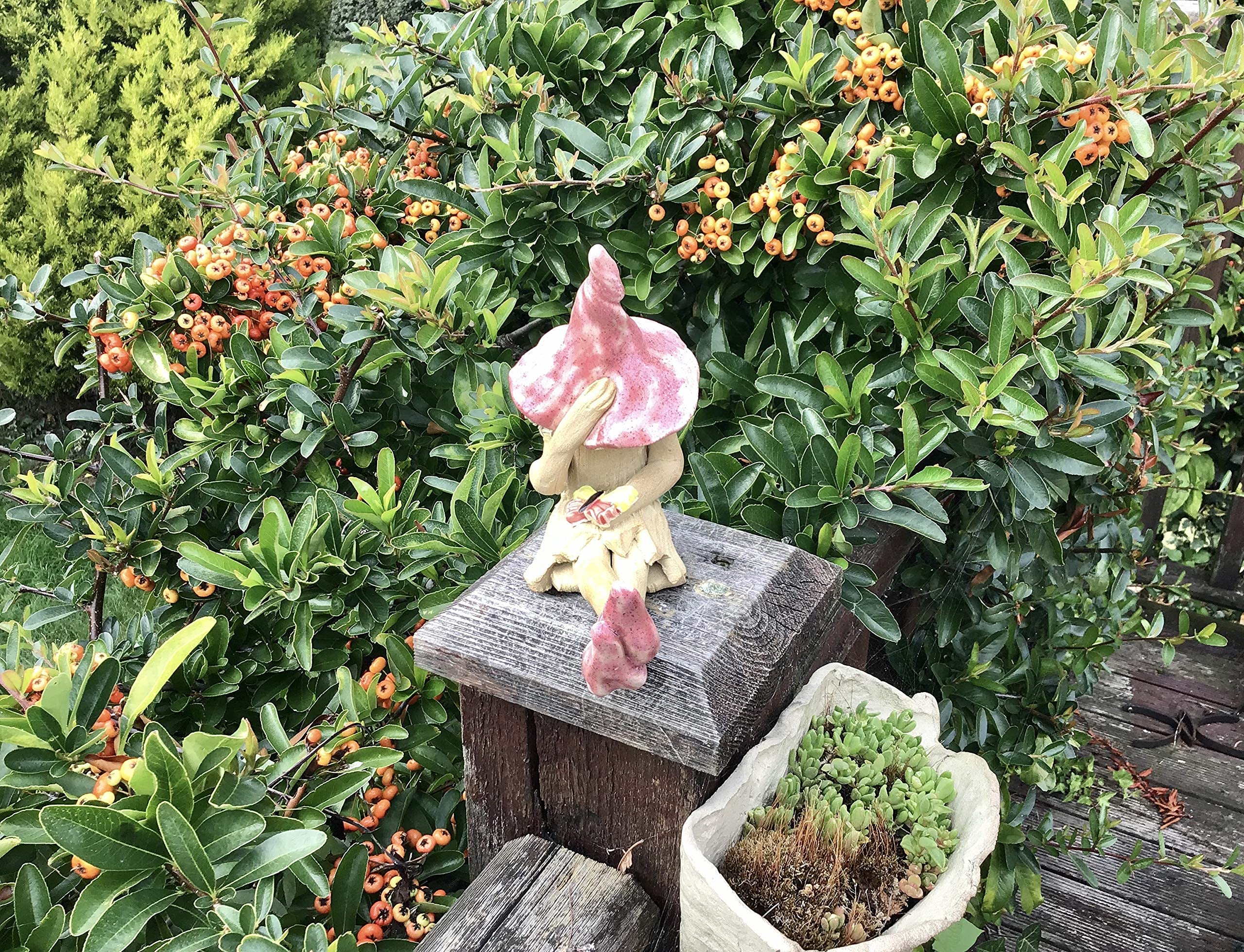 Shy fairy garden figurine, ceramic pixie plant pot ornament, pink, Small - Image 4