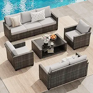 Patio Furniture Set 5 Pieces, 7-Seat PE Rattan Wicker Outdoor Sectional Patio Conversation Set with Waterproof Cusions and Coffee Table, Grey and Grey