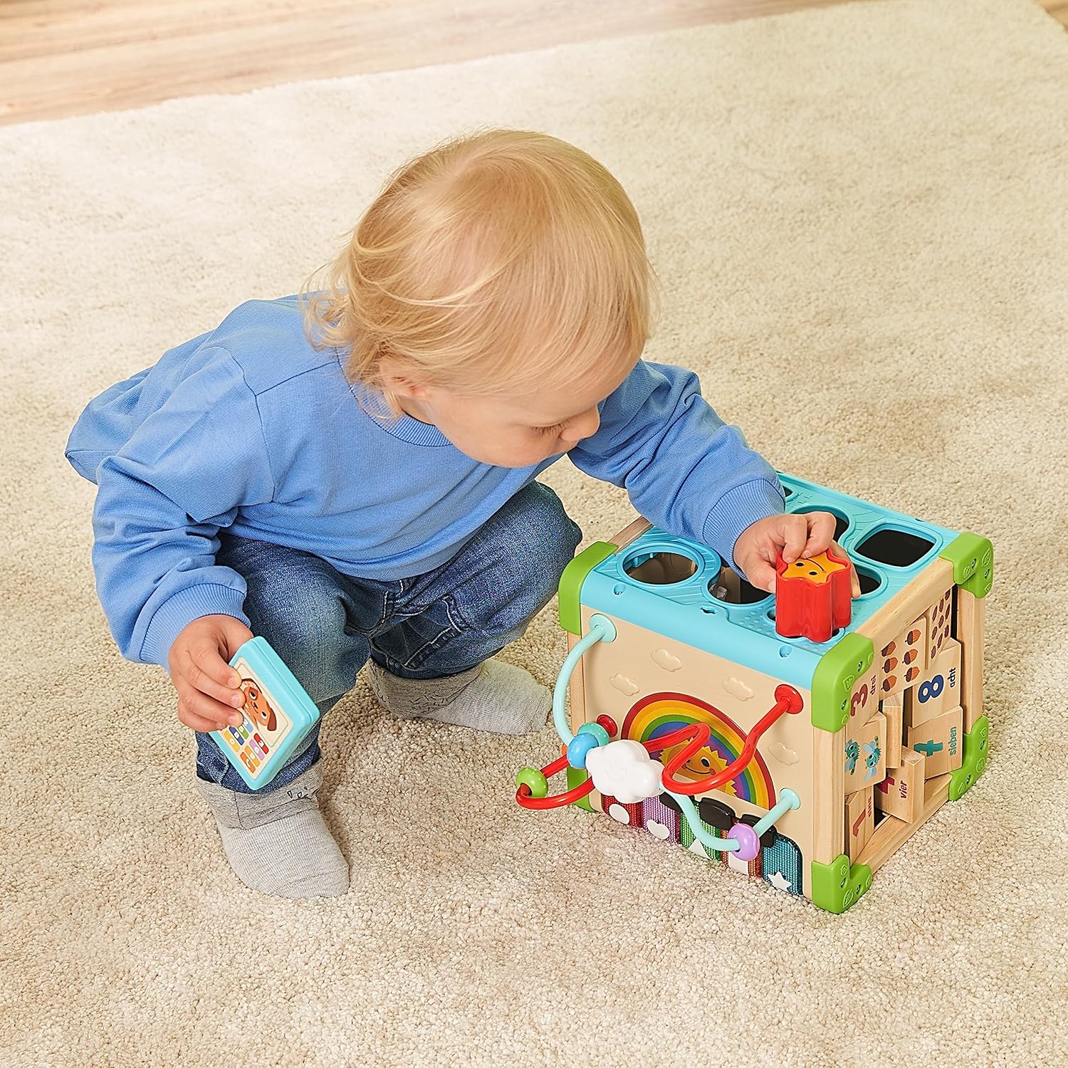 VTech Interactive Wooden Play Cube - Interactive Play Cube with FSC® Certified Wood - with Various Elements, Songs and Music - for Children Aged 12-36 Months