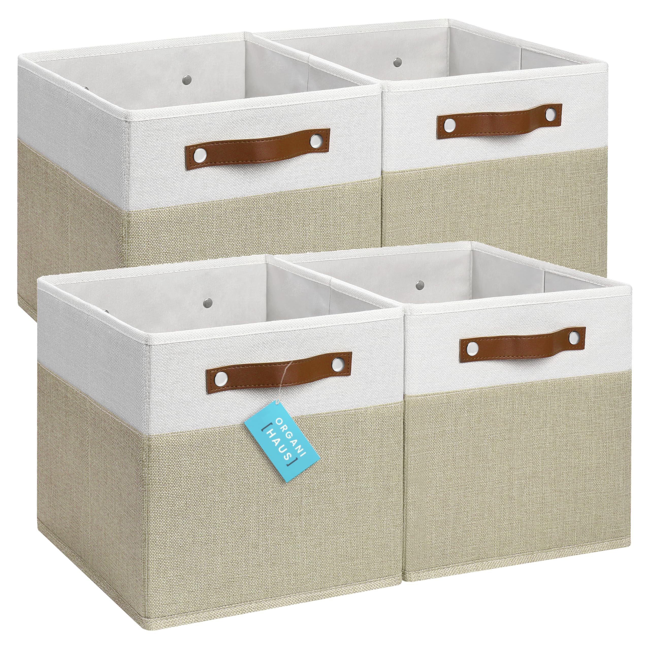 OrganiHaus 11x11 Fabric Cubes Storage Bins Set of 4, Foldable Collapsible Fabric Storage Bins for Organizer, Cubbies Organizer for Kallax, Linen Cube Shelf Baskets, Toy Organizing boxes - Beige/White