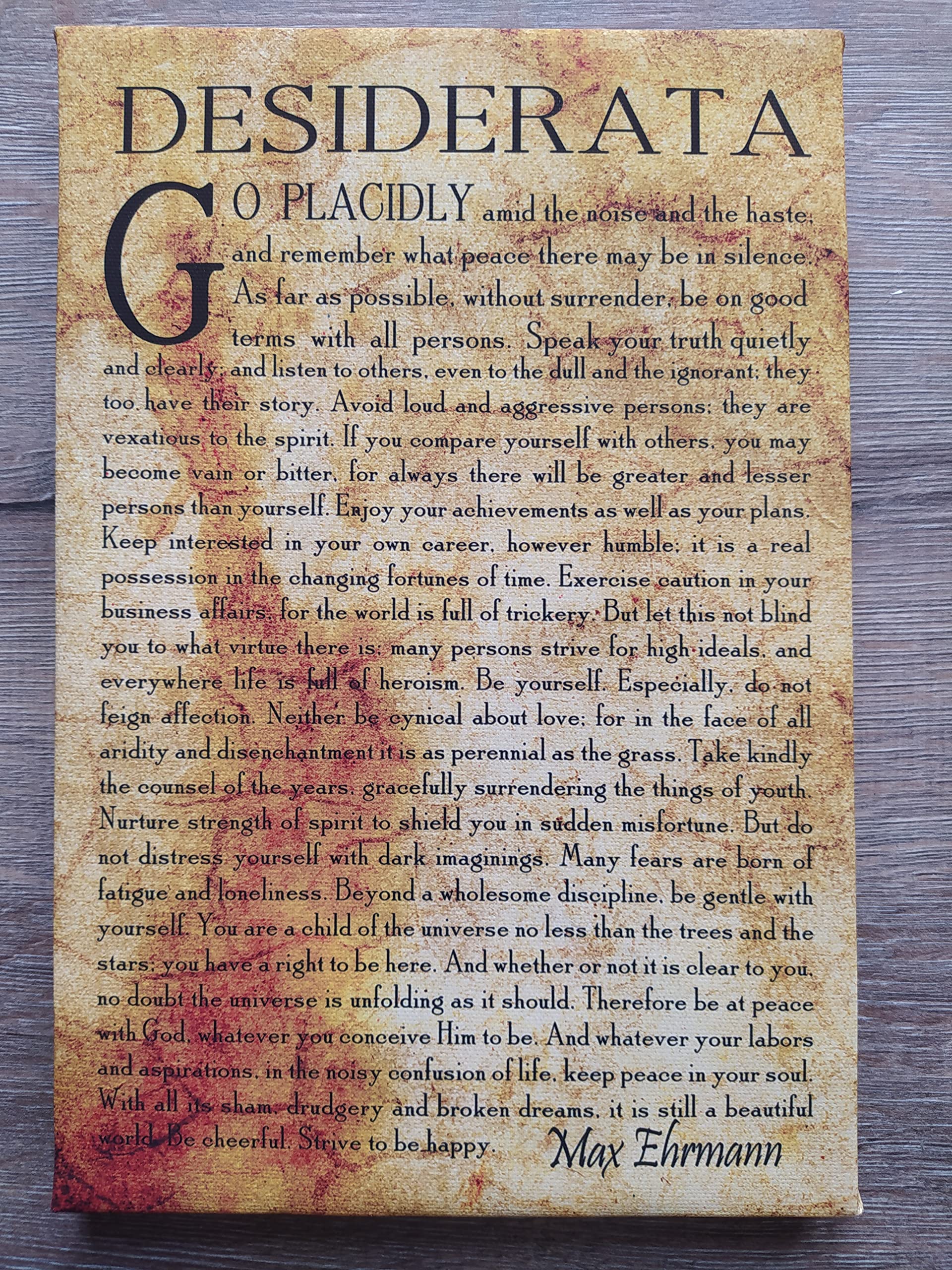 Desiderata Poem By Max Ehrmann Wood, Gallery Wrapped Print on Canvas, Size: 7.8" x 11.8" (20cm x 30cm)