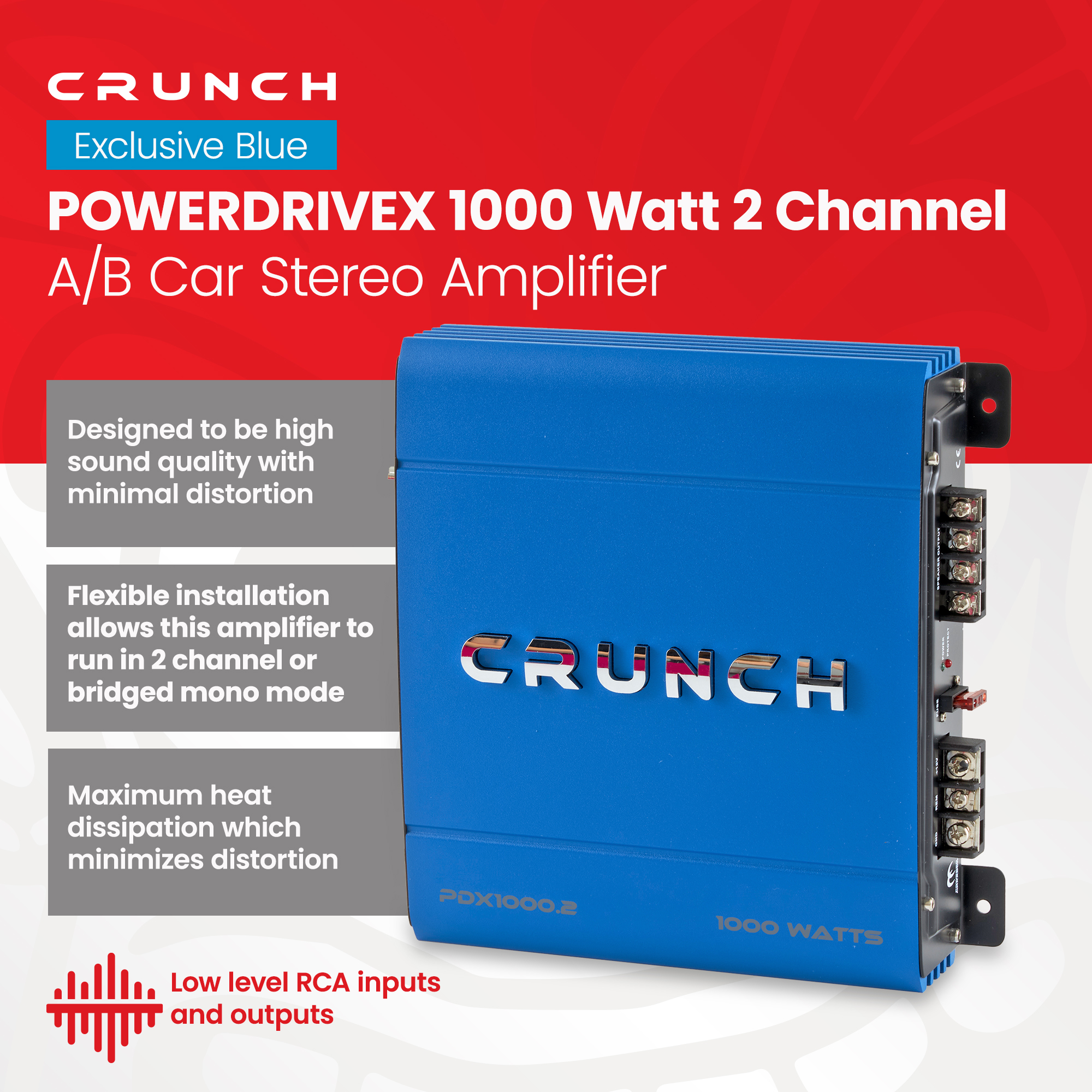 Crunch PowerDriveX 1000W 2-Channel Blue Car Stereo Amplifier