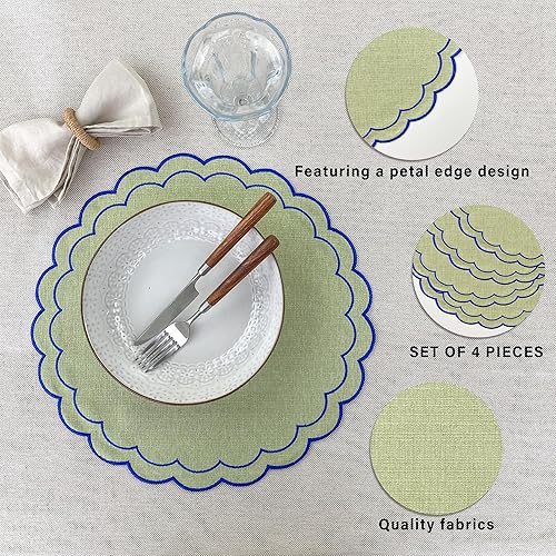 Miniatura 3 de Juego de 4 manteles individuales de lino de algodón con bordado de flores festoneadas de 15 pulgadas, tela con textura de lino natural, lavables a