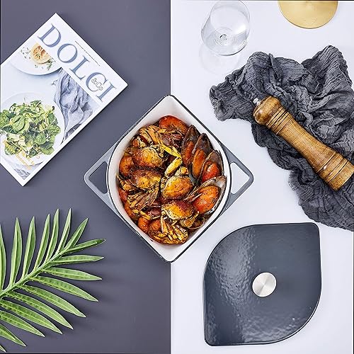 Miniatura 6 de Bruntmor Horno holandés esmaltado de hierro fundido de 3 cuartos de galón, diseño moderno en forma de squoval. Olla sazonada antiadherente con