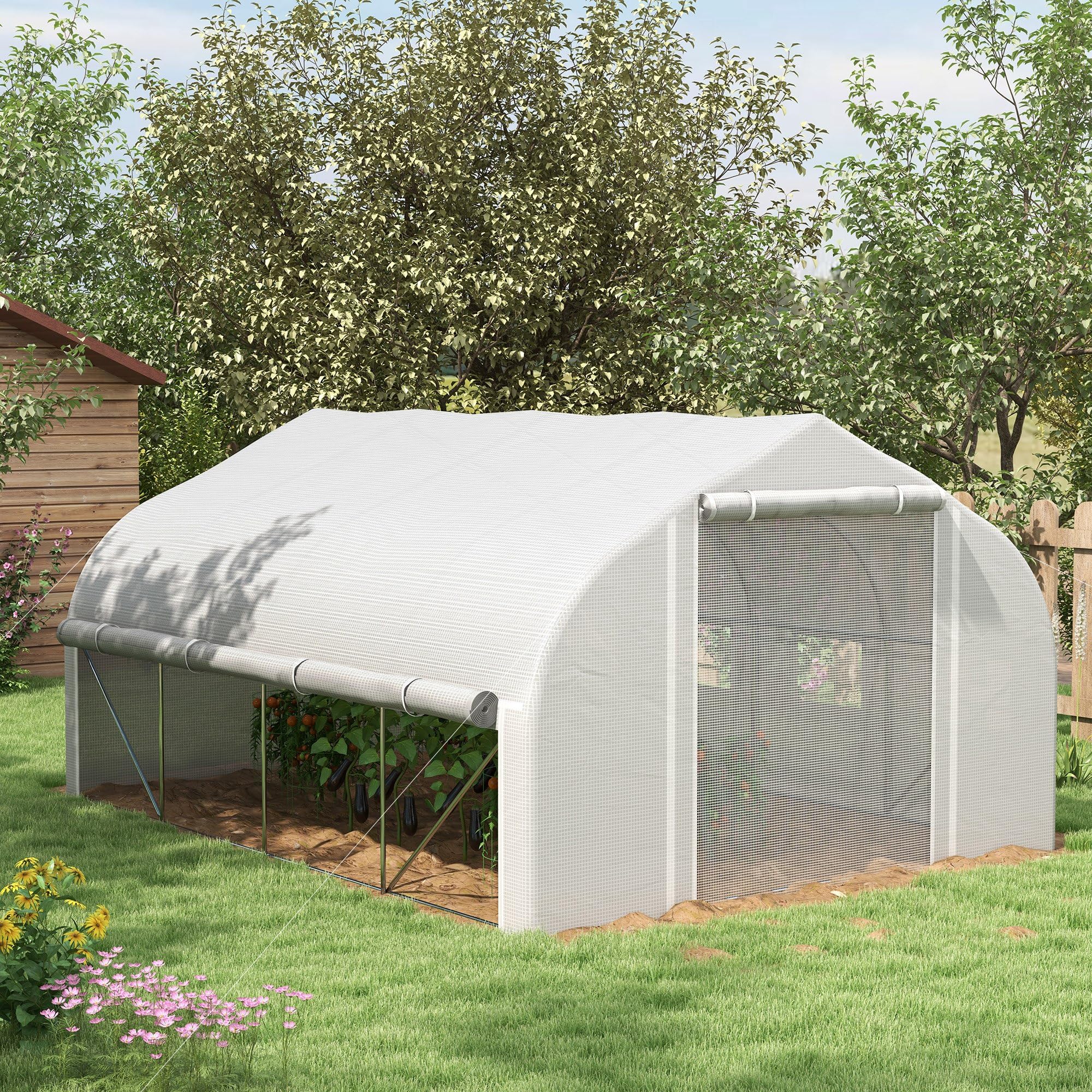 Outsunny Serre Tunnel de Jardin 12m² Serre de Jardin 395x300x200cm Blanc | avec Porte, 8 Fenêtres Moustiquaires, pour Légumes Fruits, Extérieur Toutes Saisons, Bâche PE Haute Densité 140g/m²