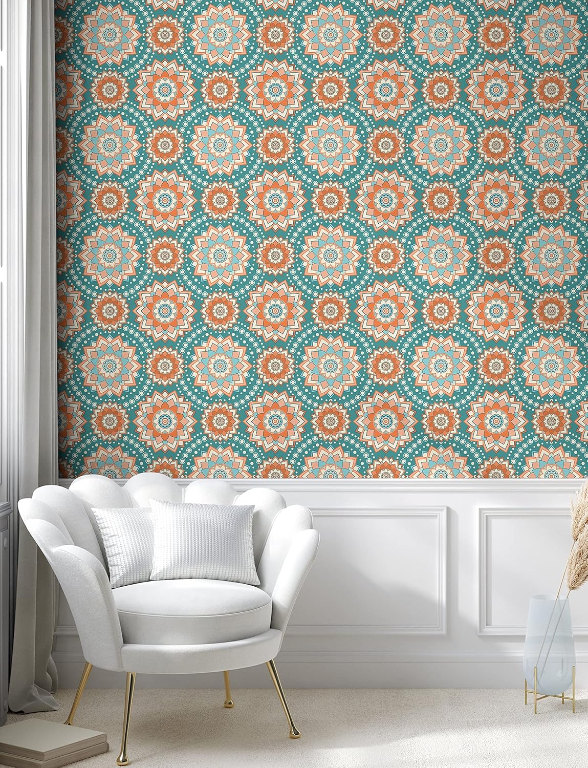 Ambesonne Lotus Peel & Stick Wallpaper for Home, Mandala Motifs of The Oriental Cultures with Bohemian Inspired Flower, Self-Adhesive Living Room Kitchen Accent, 13" x 100", Pale Blue Beige Peach
