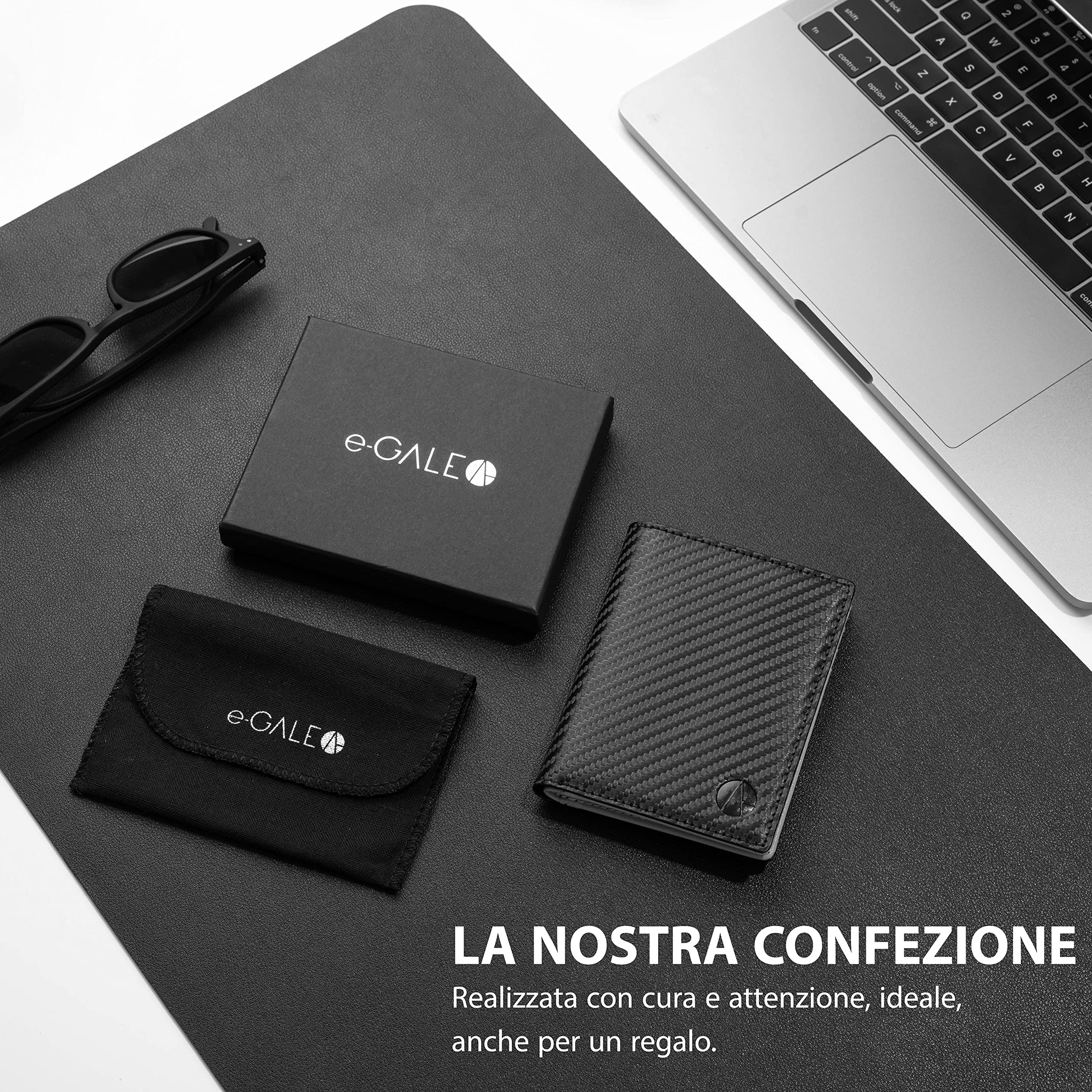 e-GALE Portafoglio uomo Verticale - Con Protezione RFID - Elegante e Compatto - Tanti Scomparti per Tessere, Banconote, Monete, Carte di Credito - (Fibra di Carbonio e Grigio)
