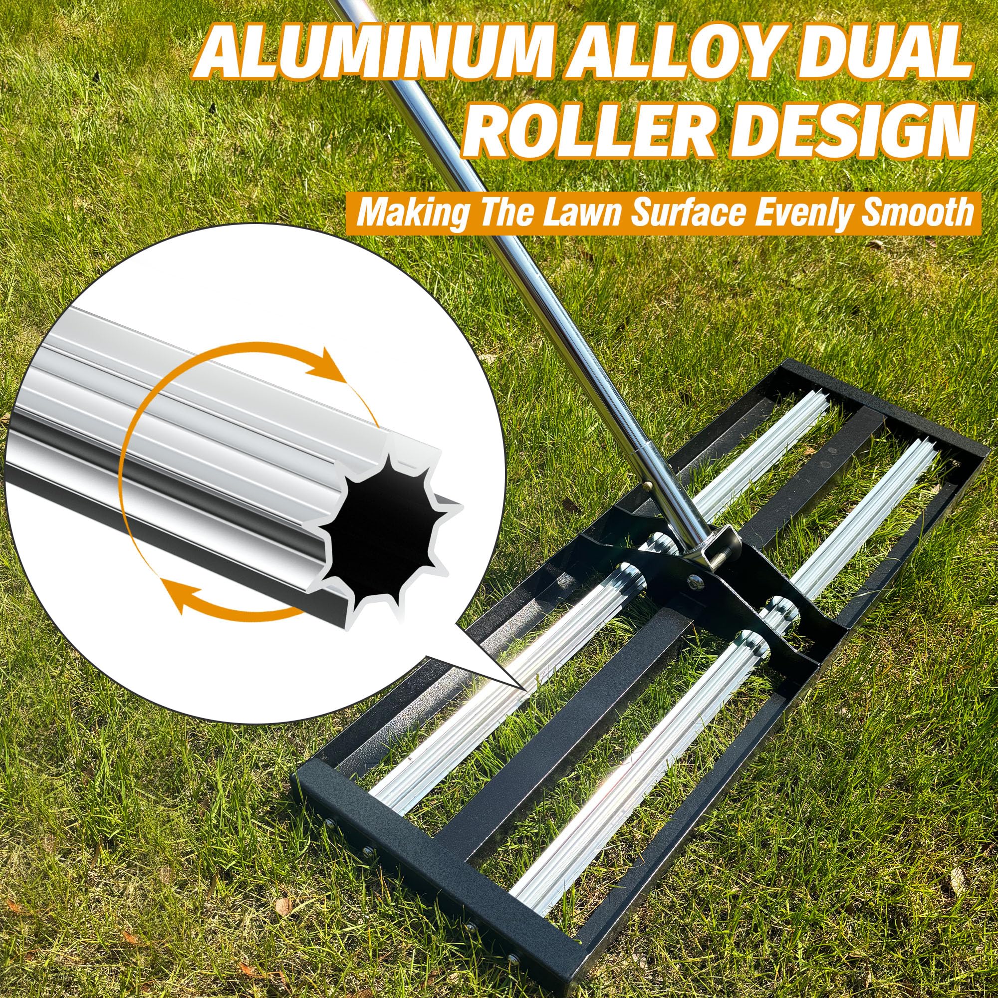 Nelyrho Rastrello livellatore per prato con rulli in alluminio, in acciaio inox, 76 x 25 cm, livellatore per prato resistente con manico esteso da 203 cm, rastrello livellatore per giardino, prato da