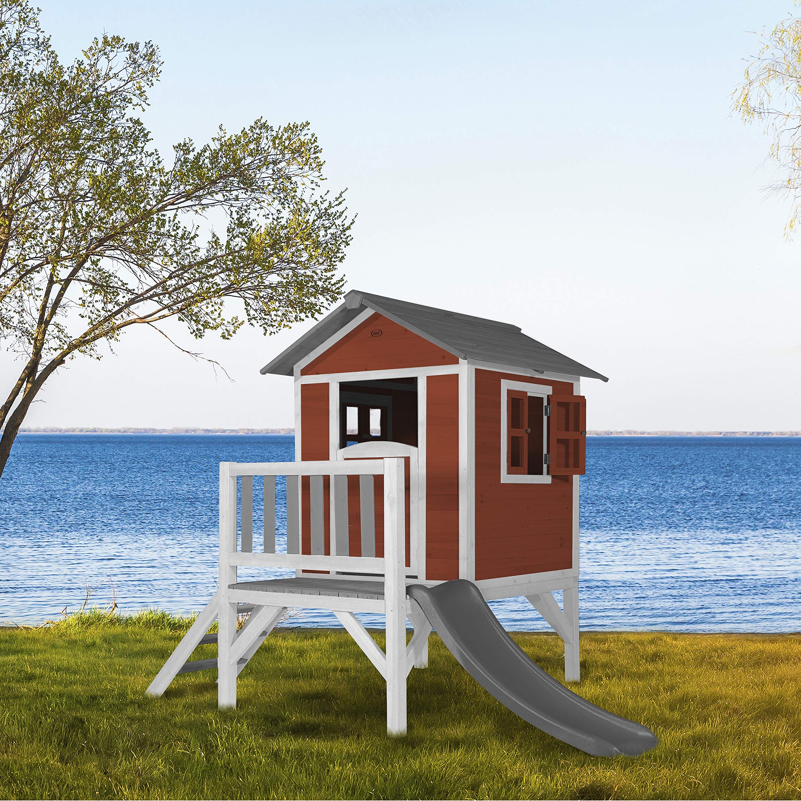 AXI Beach Lodge XL Plac Zabaw Domek z domkiem do zabawy AXI Lodge XL Classic - szara zjezdzalnia | Domek na palach z weranda z drewna FSC | Maly sprzet do zabawy w ogrodzie