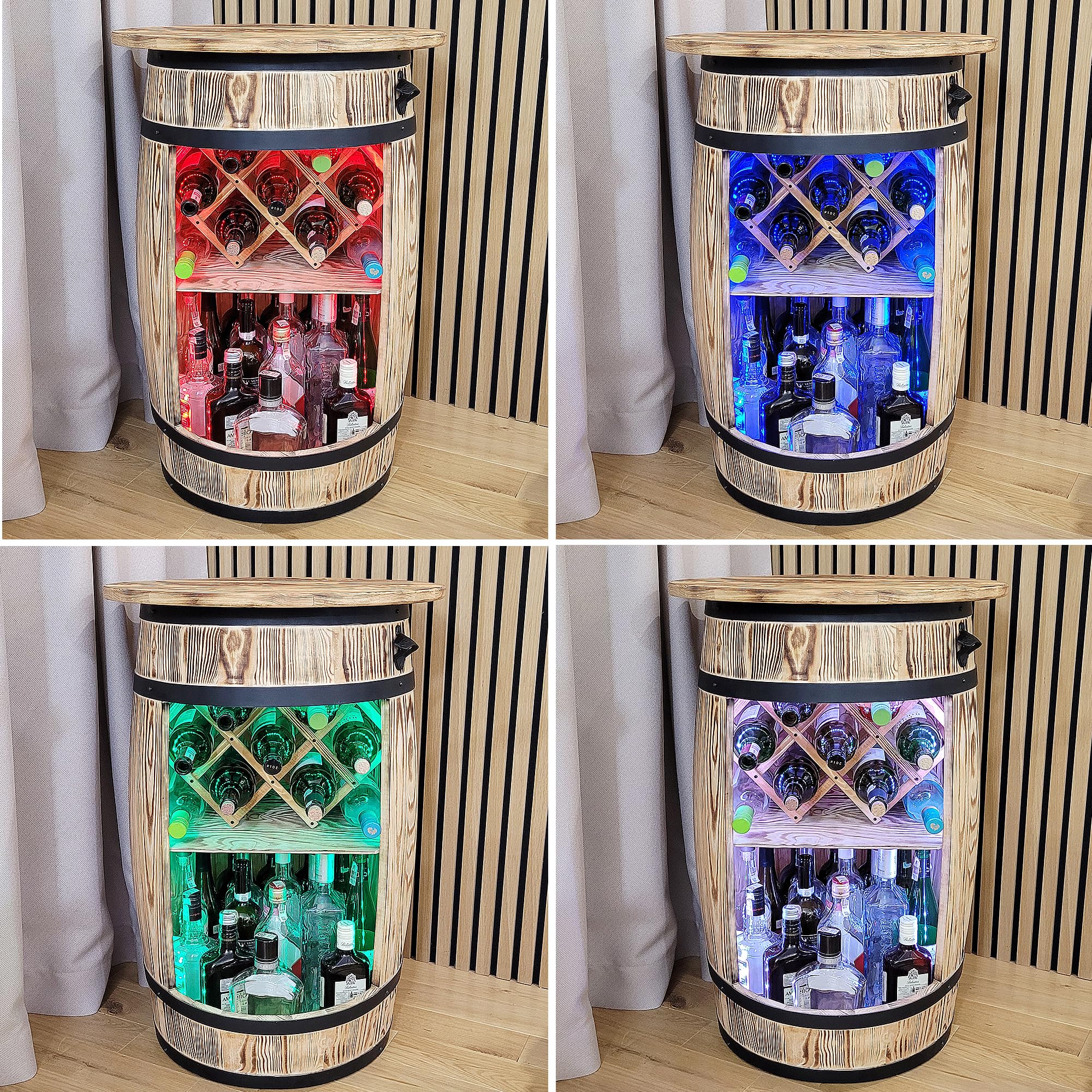 weeco Fass Bar mit Deckel und LED RGB Leuchten und Weinhalter - Flaschenständer deko - Hausbar Tabelle Gin Whisky Bier - Barschrank - Holzfass Tisch - Weinfass Stehtisch 80x50cm