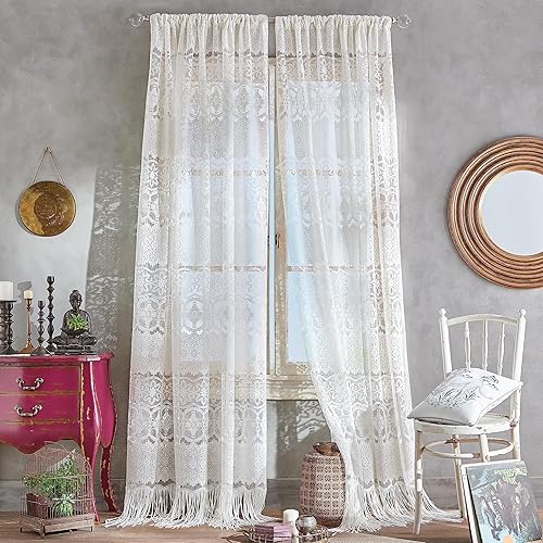 CHF Cortinas bohemias de encaje vintage con borlas y flecos, panel de cortina para ventana, dormitorio, sala de estar, dormitorio universitario,