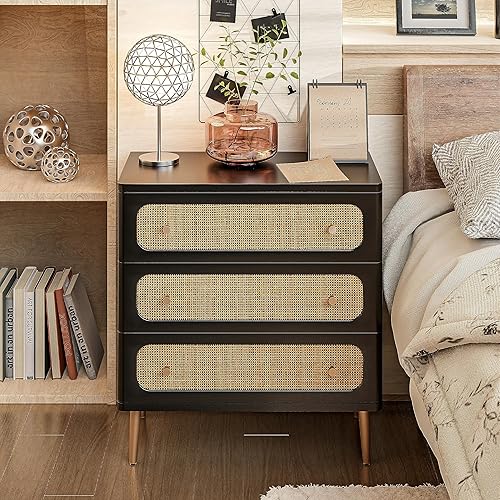 Miniatura 8 de LONYKE Juego de 2 mesitas de noche de mimbre de ratán, mesa auxiliar de 2 cajones con acabado negro para espacios pequeños, moderna mesita de noche