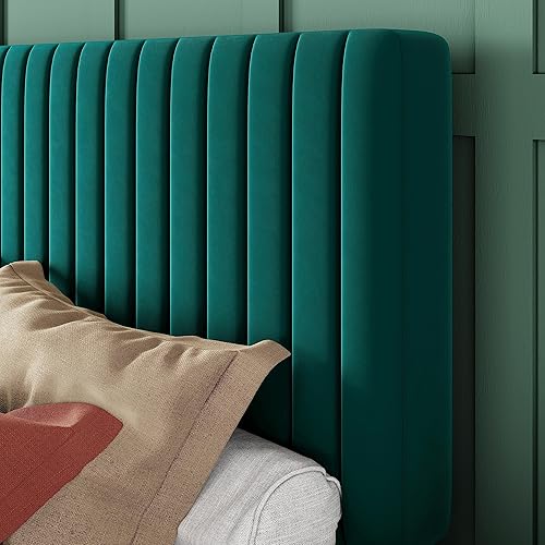 Miniatura 4 de Allewie Base de cama matrimonial, cama de plataforma tapizada de terciopelo con cabecera capitoné de canal vertical ajustable, base de colchón con