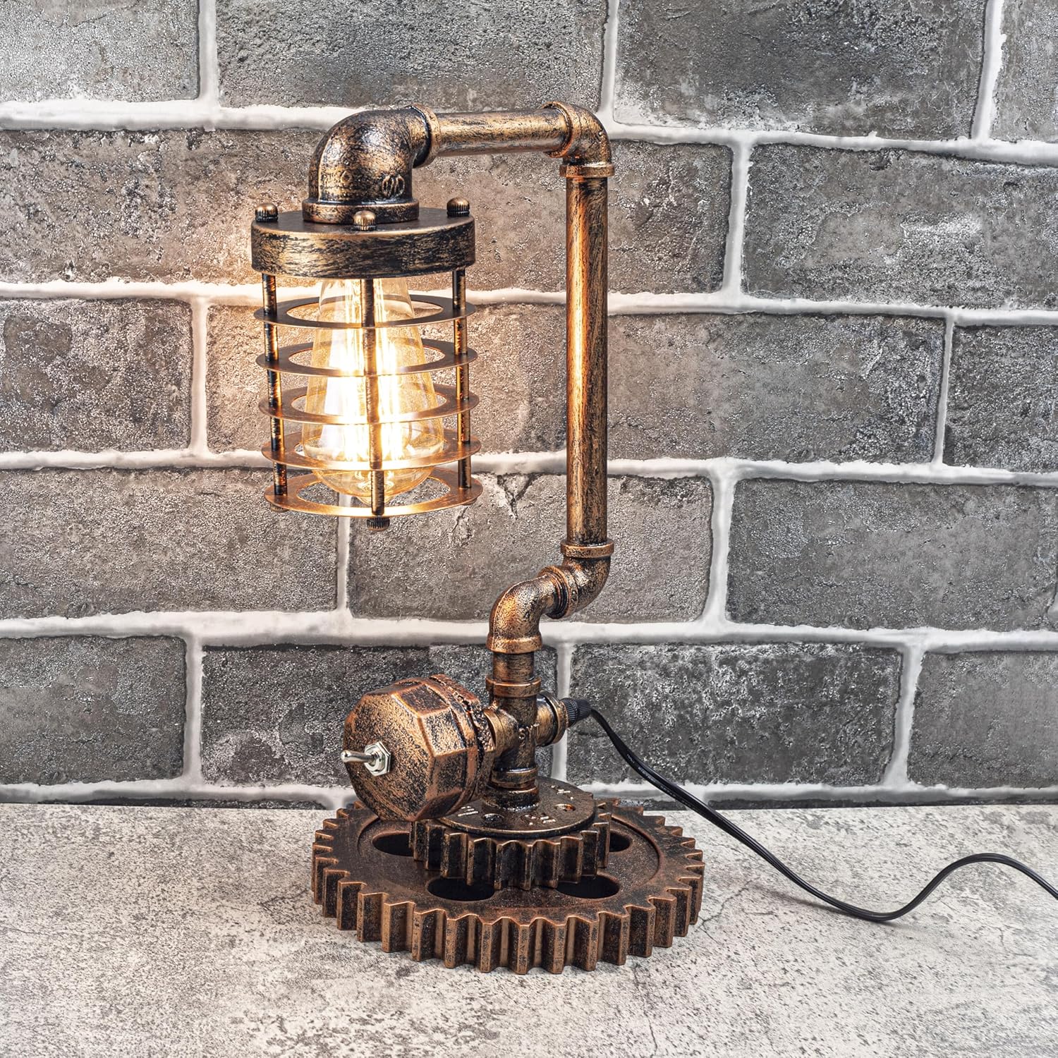 Loft Style Vintage Metal Dimmable Table Lamp with carbonized Wood Base, Colosseum, Steampunk Industrial, Night Light, Desk Light, QTF-GY01
