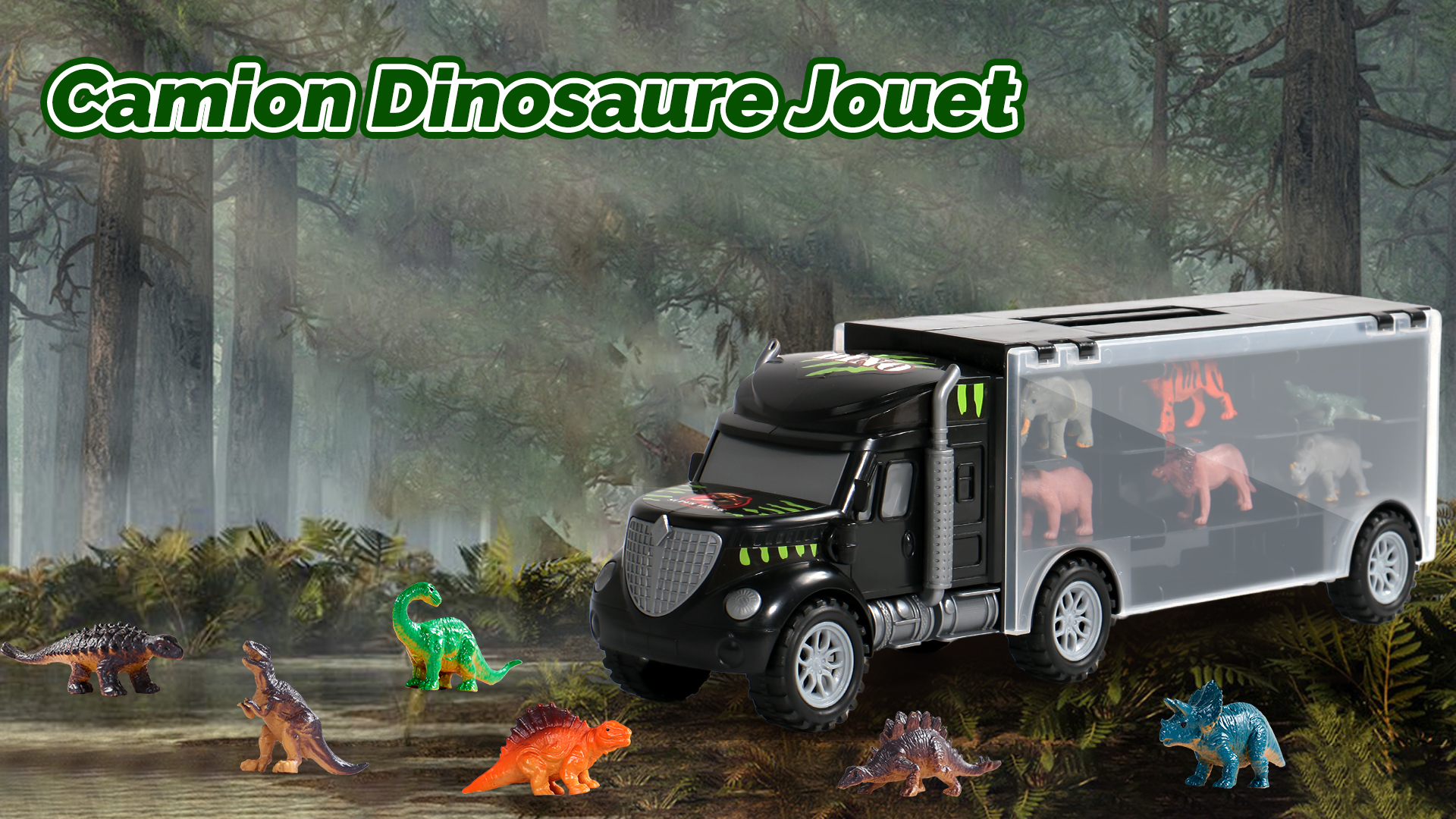 Camion Dinosaure – 12 Figurines (6 Dinos + 6 Animaux) – Porte Transparente, Poignée – Cadeau Garçon Fille 3-7 Ans