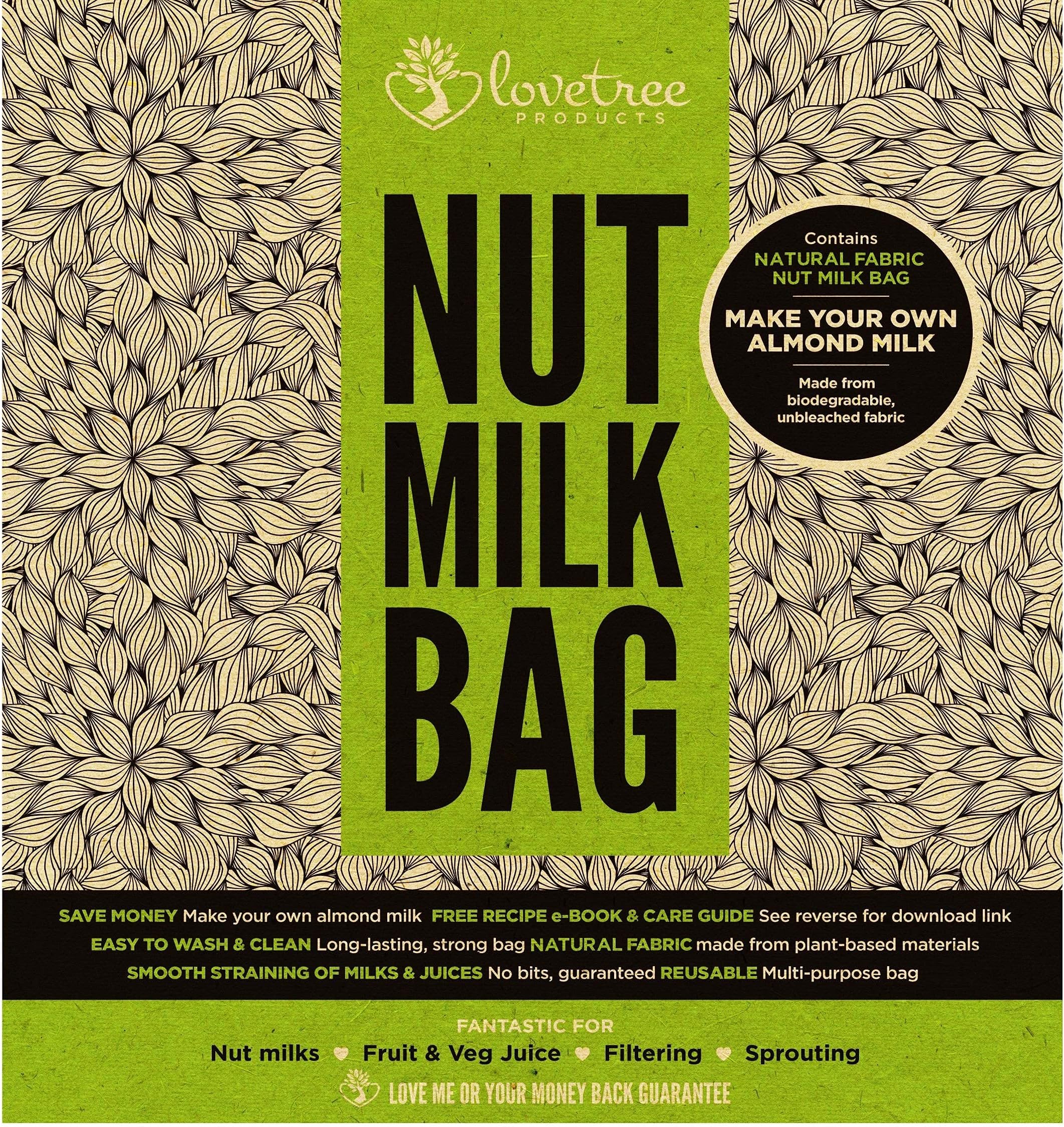 LoveTree Products Organic Cotton Nut Milk Bag - Best Quality Organic Almond Milk Strainer Including Free Recipe E Book - Large Reusable Fine Mesh Bag - Smooth Nut Milks & Juices Every Time. Size 10x12 inches