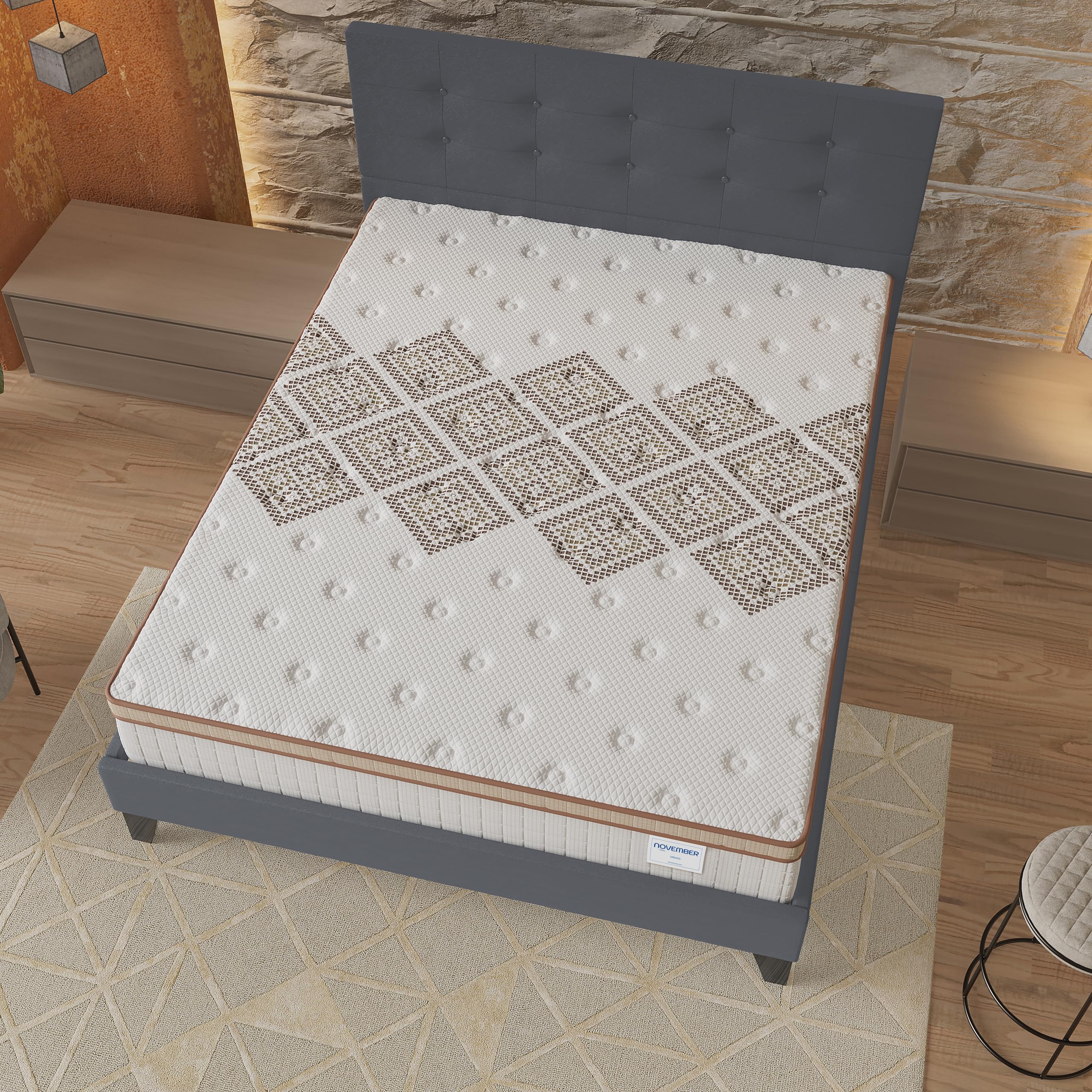 NOVEMBER- Ensemble Matelas + LIT (140x200cm)- Matelas Errakis 28cm Ressorts ensachés & Mousse HDensité + Sommier tête de lit Bois Stable & Robuste revêtement synthétique Gris