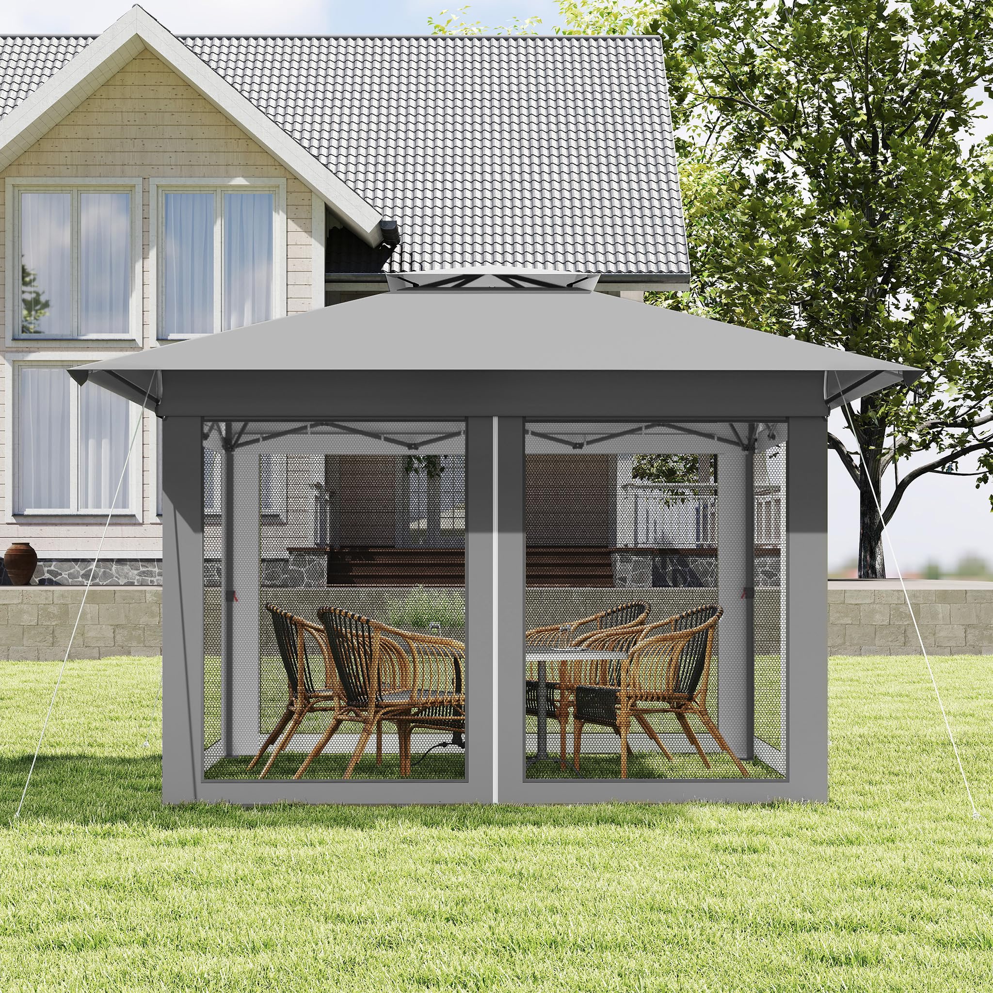 Gazebo pieghevole da 4 x 4 m, con struttura con un clic, regolabile in altezza, protezione UV, impermeabile, con borsa per il trasporto su ruote, per giardino, terrazza, esterni, grigio