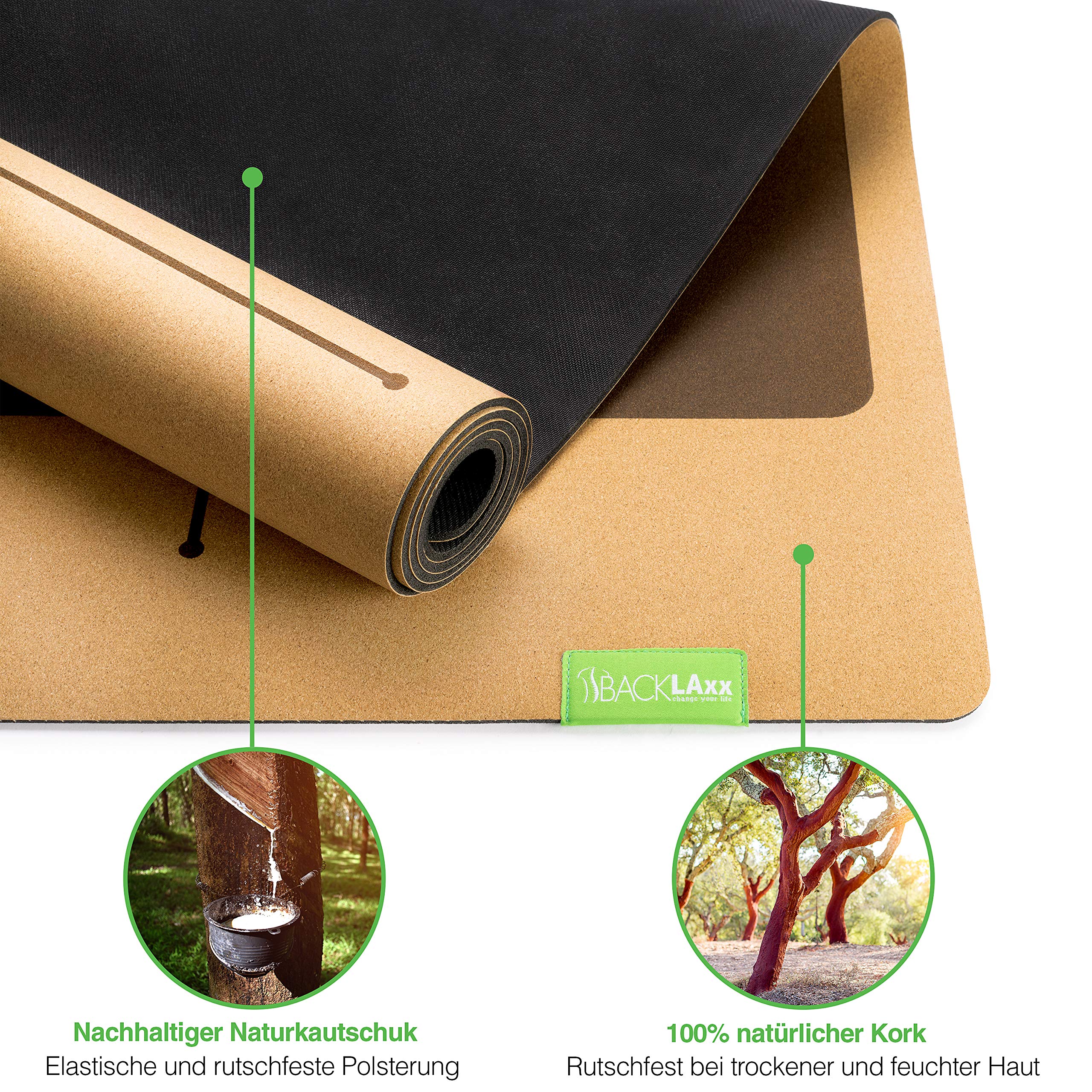 BACKLAXX® Yogamatte Kork mit Naturkautschuk | FAZ Testsieger 07/2026 | Yoga Matte Kork nachhaltig | schadstofffrei | Yogamatte Kautschuk | Fitnessmatte mit Anti-Rutsch-Zonen | inkl. Tragegurt