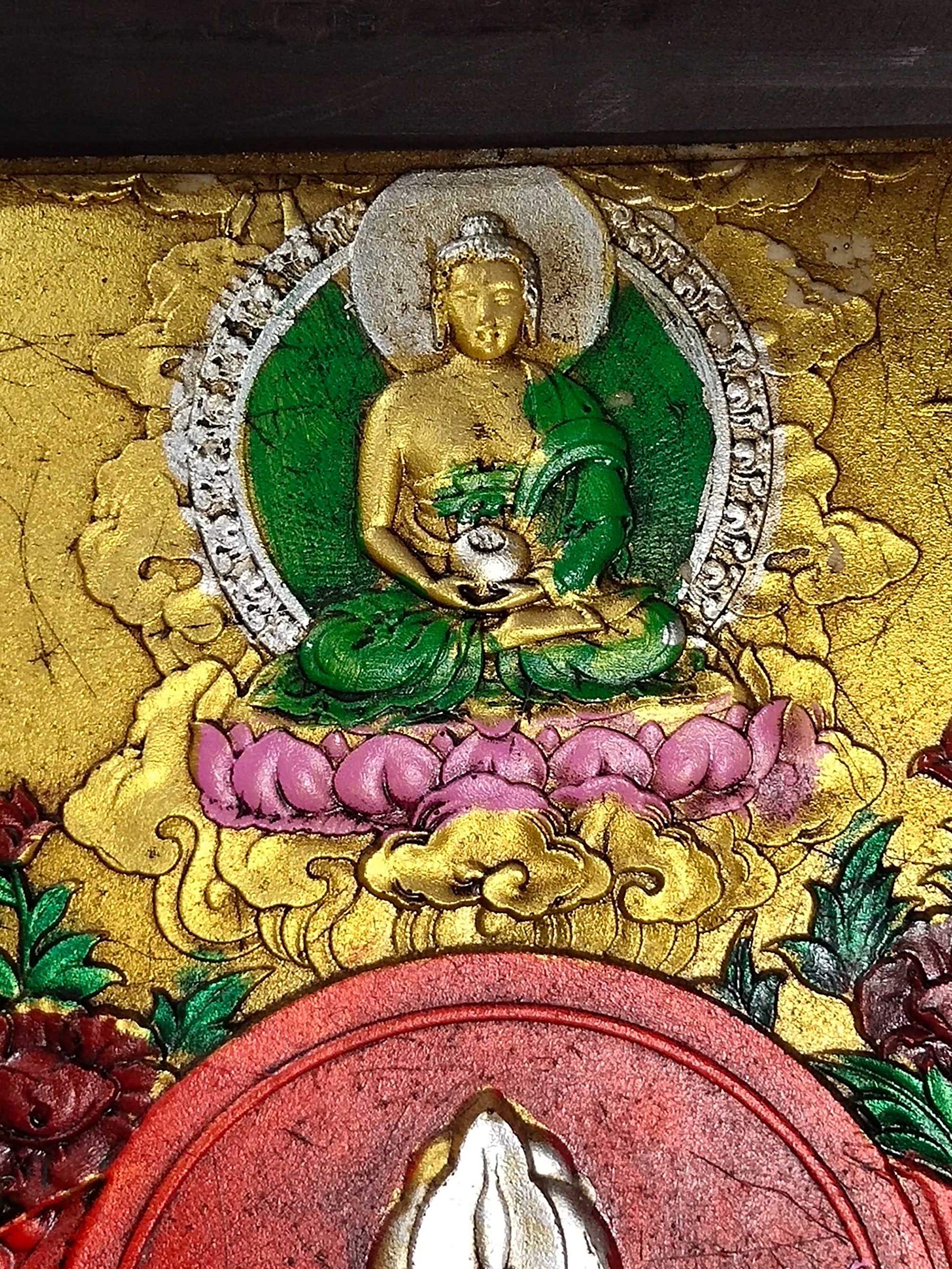 Home Decor 28" Tibet Buddhism Old Bronze Wooden Frame Painted Thangka Samantabhadra Statue Worship Amulets ThangkasStatue SurongL