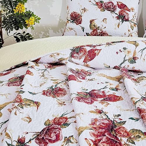 Miniatura 9 de Tache - Juego de colcha acolchada reversible con diseño floral rojo y blanco, diseño de colibríes dorados, color borgoña, marfil, antiguo, granja,