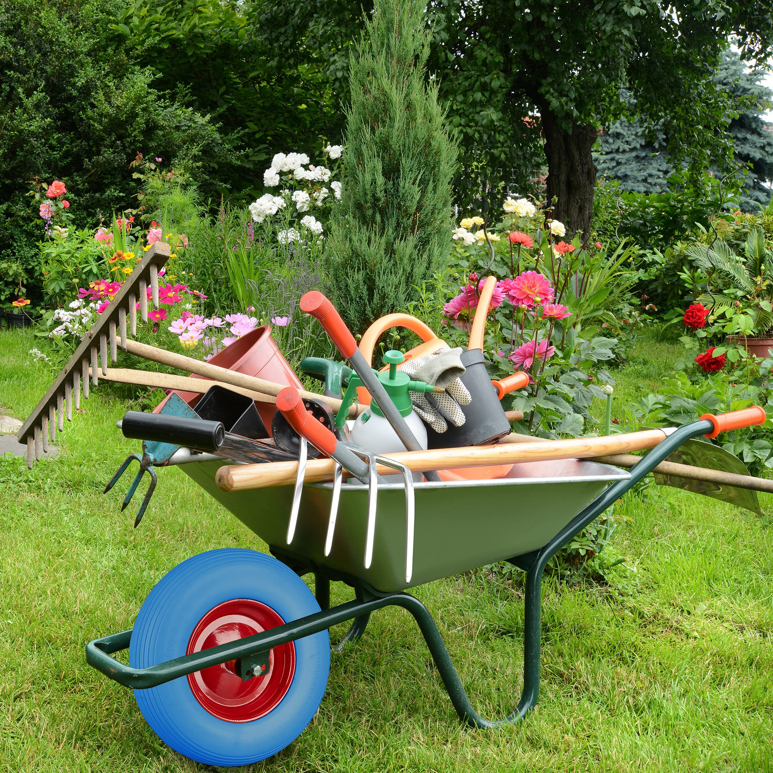 Relaxdays Schubkarrenrad Vollgummi mit Achse, 4.80 4.00-8 Gummirad, 100 kg Tragkraft Ersatzrad, pannensicher, Mehrfarbig