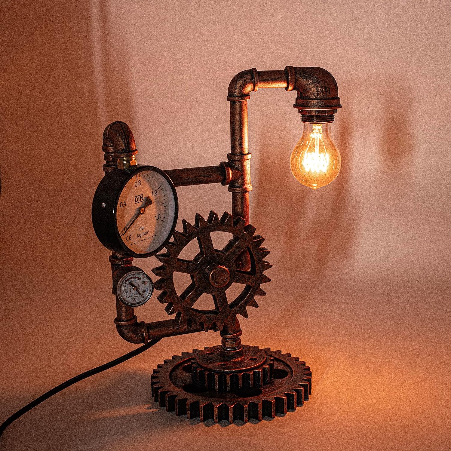Ari Deco Industrial Steampunk Pipe Table Lamp (Dual Decorative Pressure Gauges) QTF-BT04