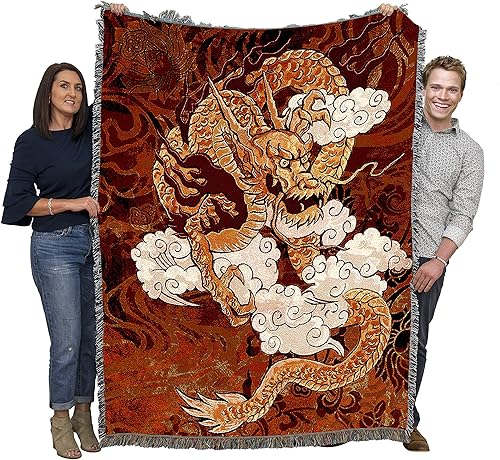 Pure Country Weavers Manta con diseño de dragón dorado de Brad Simpson, manta de tapiz de fantasía para regalo, tejida de algodón, fabricada en los