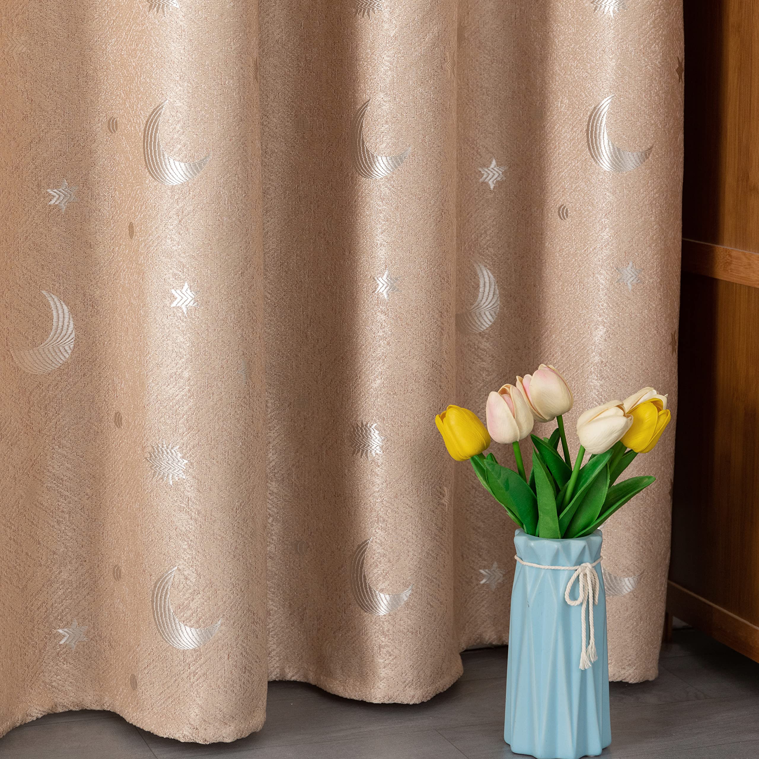 GIRASOLE HOME® Paire de rideaux Jacquard semi-occultants fantaisie Lune et étoiles rideau souple Thermique Isolant pour Chambre Chambre et Intérieur 2 panneaux avec œillets (beige étoiles, 140x275 cm)