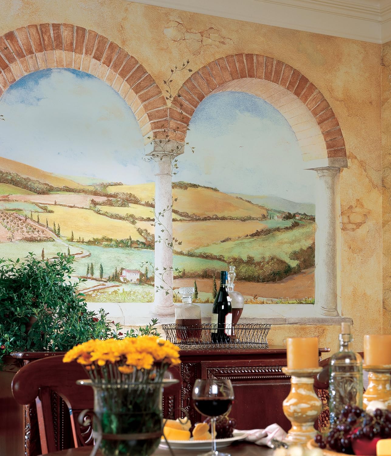 York Wallcoverings Europa II Tuscan View Prepasted Mural, Baked Clay/Brick/Sky Blue/Green