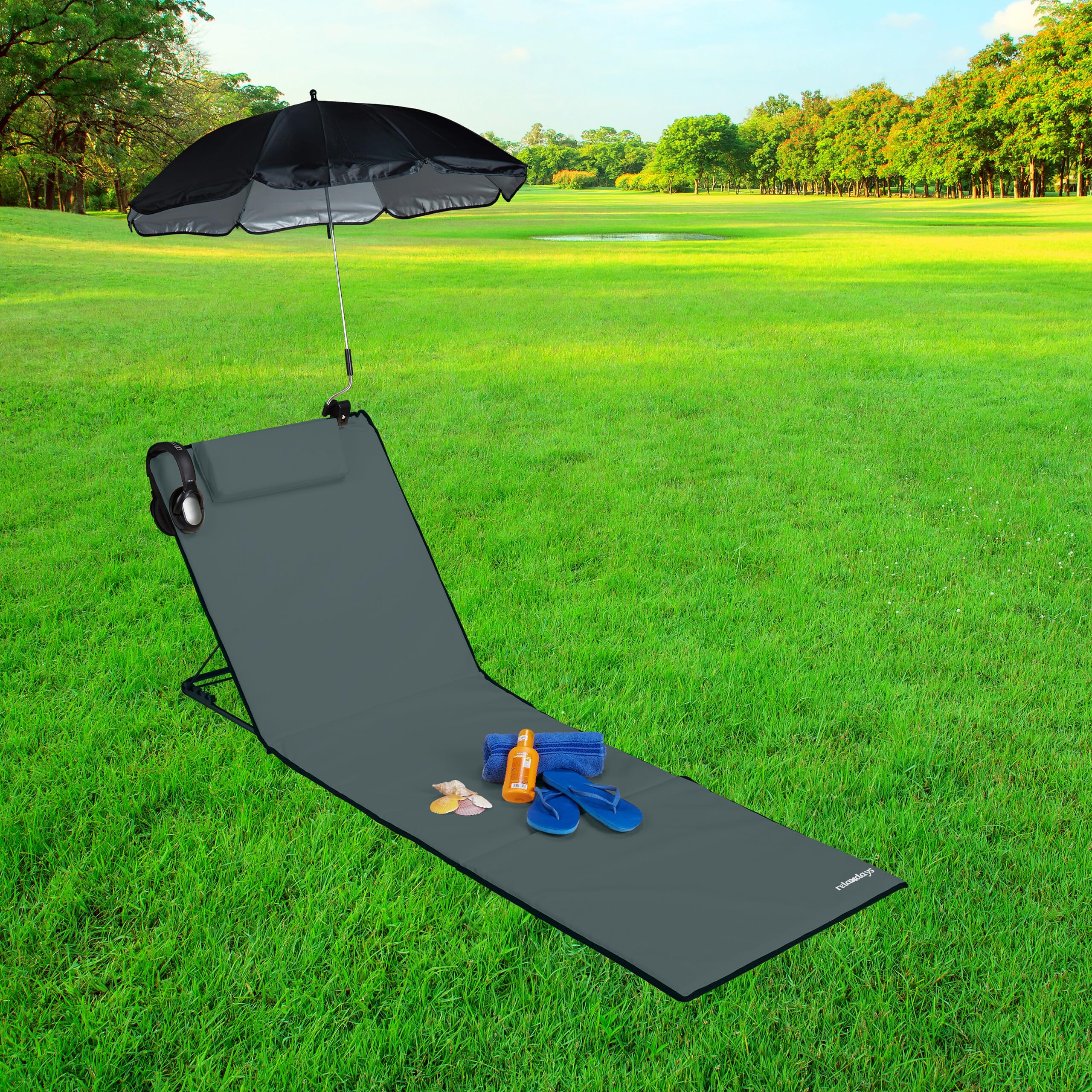 Relaxdays Strandmatte, gepolsterte Strandliege XXL m. Sonnenschirm, 3-stufig verstellbar, Kopfkissen, tragbar, anthrazit