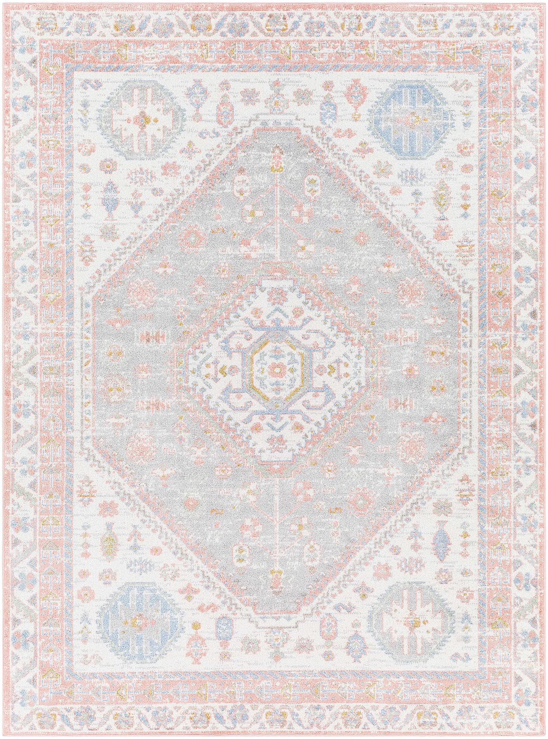 BoutiqueRugs Maha Traditional Area Rug - Machine Washable - Ivory, Plum, Medium Gray - 6'7" x 9'