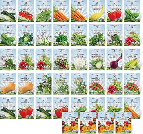 The Old Farmer's Almanac Heirloom - Paquete variado de semillas de verduras y hierbas, 44 paquetes, sin OMG, polinizado abierto, reliquia