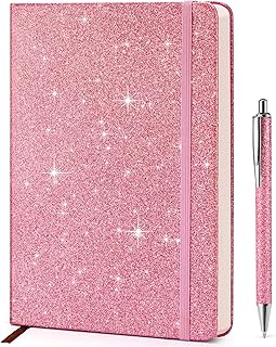 Diario pequeño con purpurina para niñas, color rosa, 8.4 x 5.7 pulgadas, 200 páginas rayadas/100 hojas, diario infantil para escribir, cuaderno de viaje A5 para mujeres con tapa dura brillante
