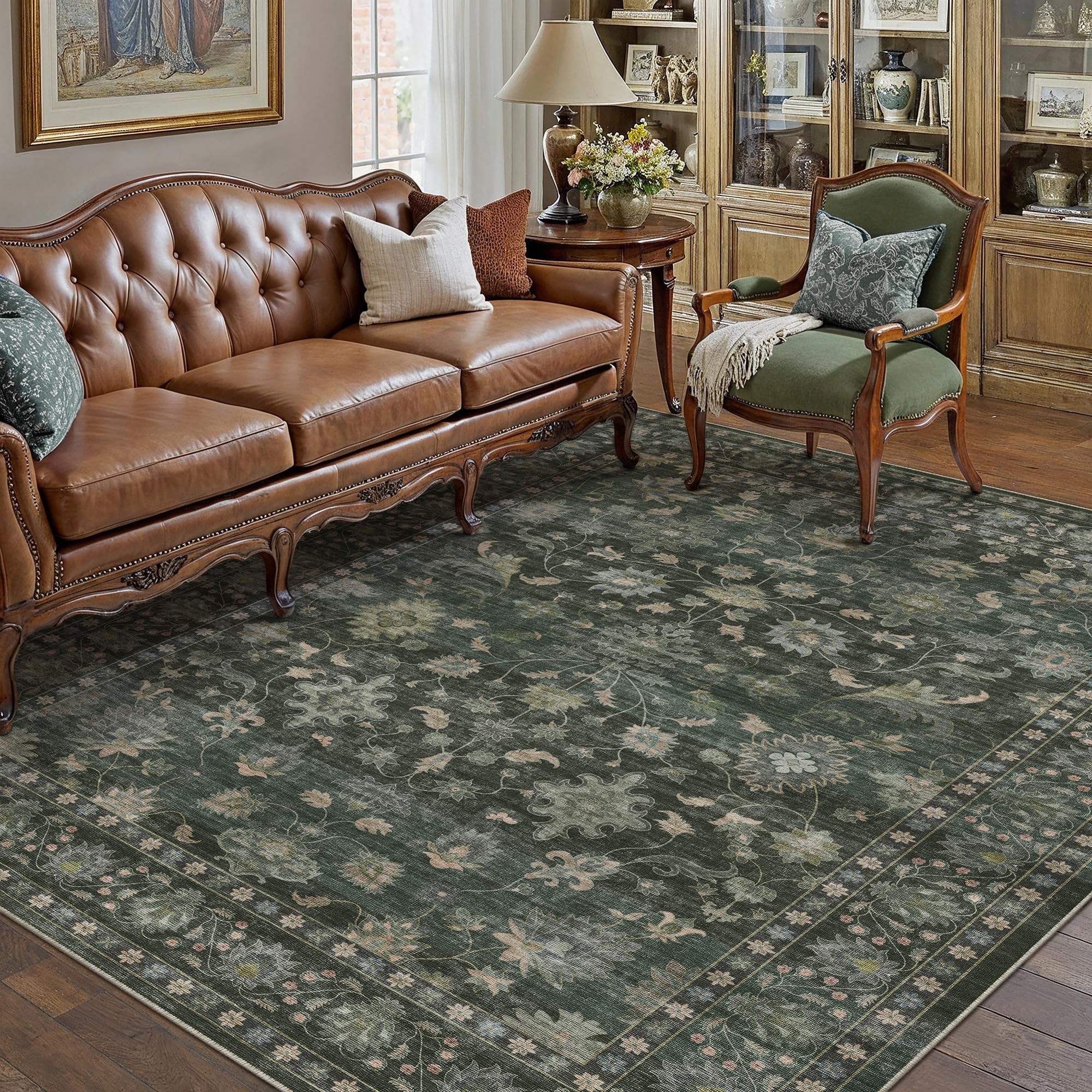 PureCozy 160x230 cm Washable Rugs Living Room, Floral Vintage Soft Area Rugs with Non-Slip Backing, Machine Washable, Lightweight Low-Pile Carpet for Office Dining Room, Green
