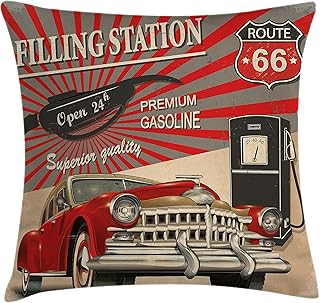 Ambesonne Cars Throw Pillow Cushion Cover, Retro Poster Style Image Gasoline Station Commercial Element Route 66 Illustration Print, Decorative Square Accent Pillow Case, 18