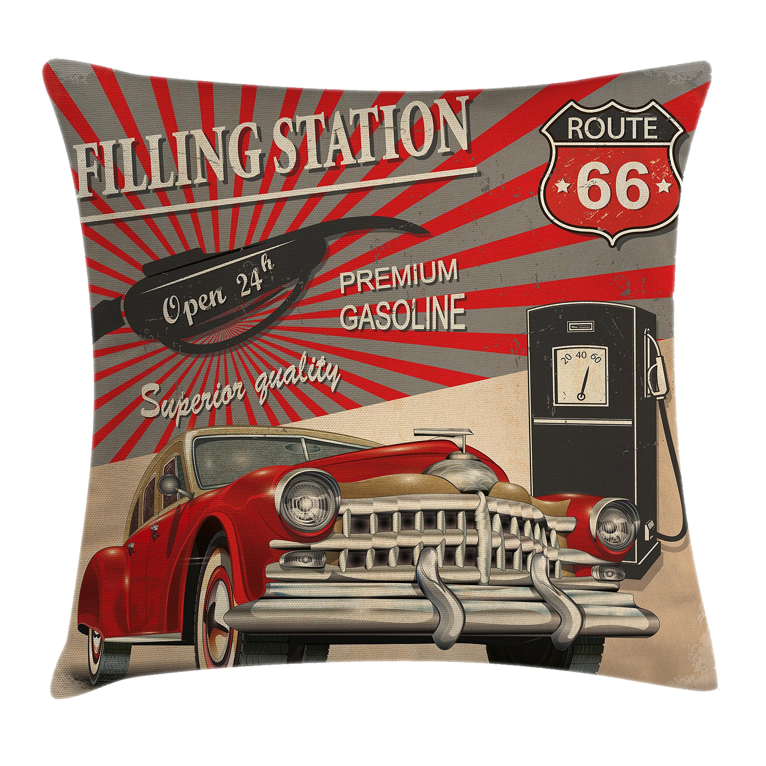 Ambesonne Cars Throw Pillow Cushion Cover, Style Image Gasoline Station Commercial Element Route 66 IllustrationPrint, Decorative Square Accent Pillow Case, 24" X 24", Vermilion Beige
