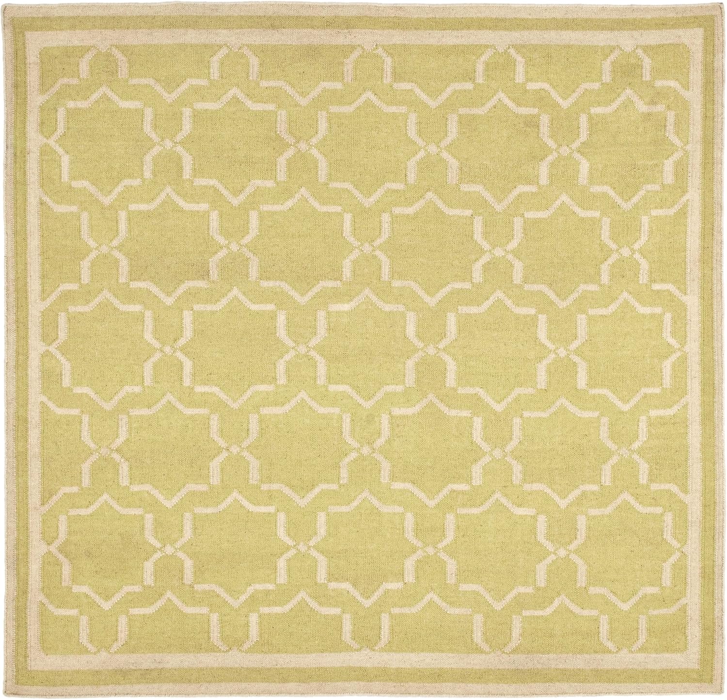 Ivory and Light Green Geometric Wool Square Rug, 6' x 6'