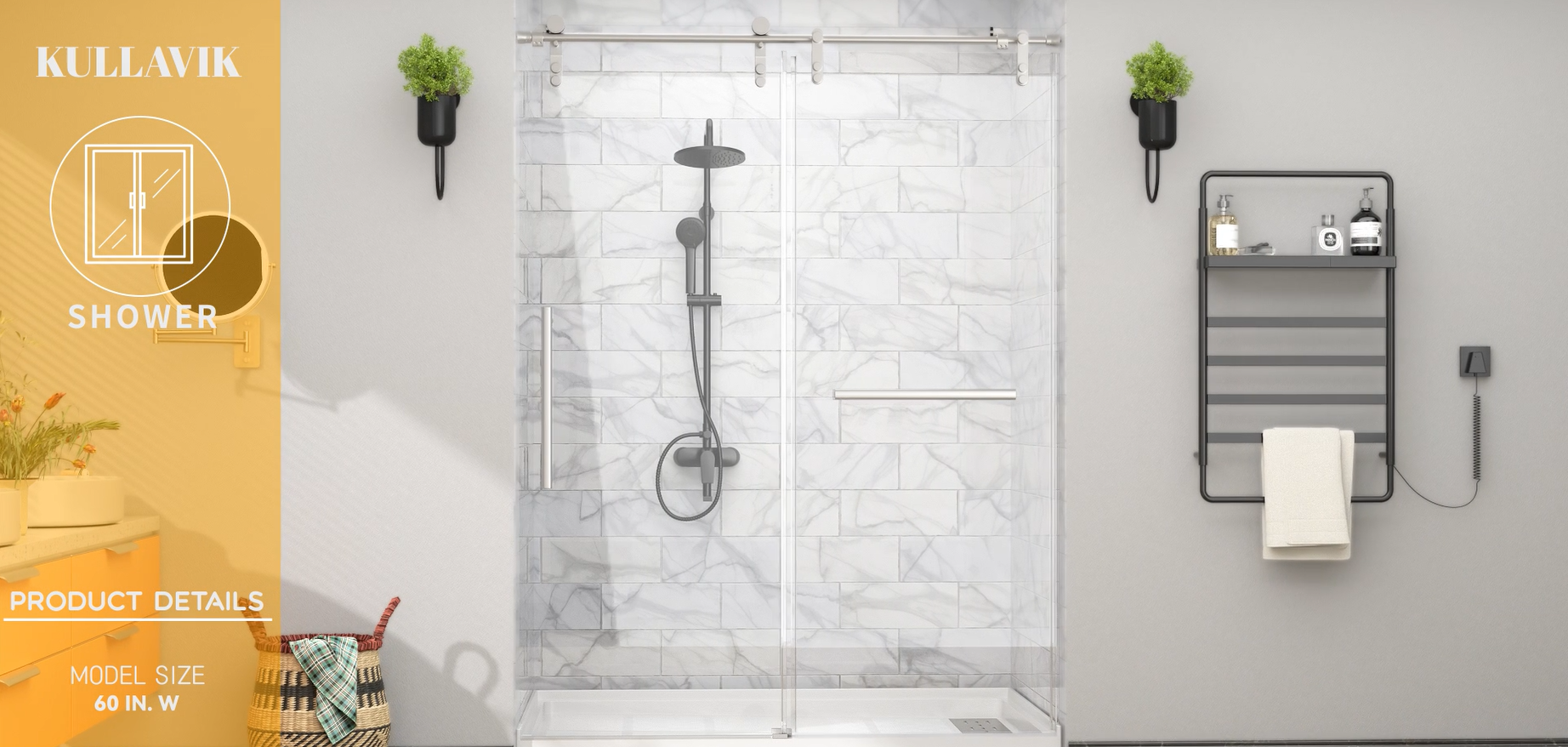 Kullavik 56-60" W X 76" H Frameless Sliding Shower Door – 5/16" (8mm) Clear Tempered Glass With Handle, Seal Strip & Waterproof Design (Silver)