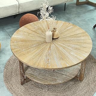 DS-HOMEPORT Round Wood Coffee Table, 2 Tier Solid Natural Wood Coffee Table for Living Room, Circular Rustic Wood Center Coffee Tables with Extra Storage, Round Farmhouse Coffee Table, 35.3" Dx17.8 H