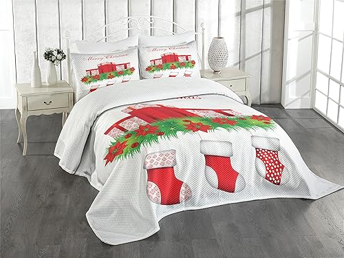 Ambesonne Colcha de Navidad, medias colgantes para ilustración de muérdago de Papá Noel, Feliz Navidad para todos, juego de colcha decorativa
