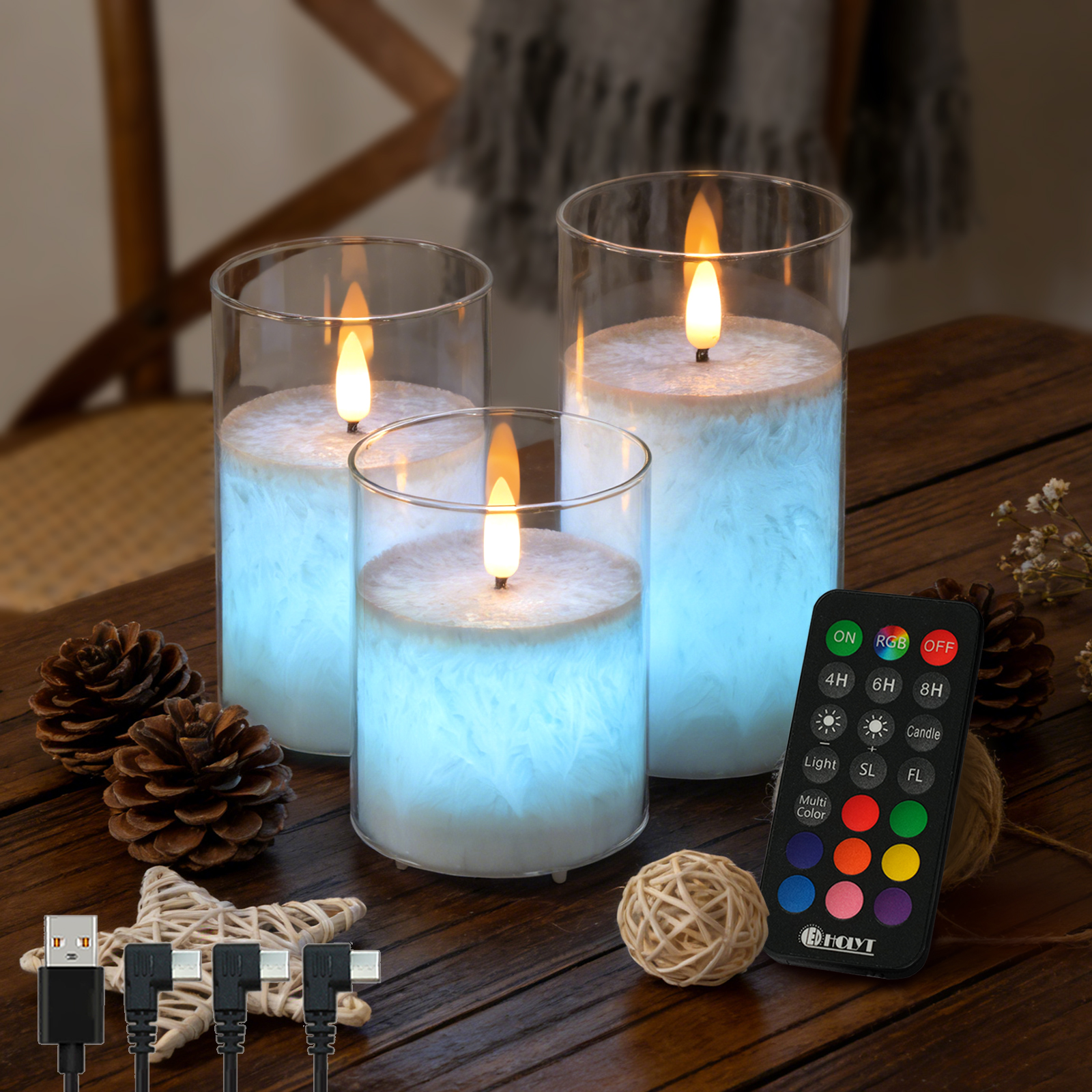Image of LEDHOLYT Rechargeable Ice Crystal Glass Flameless Candles, RGB Color Changing Realistic Flickering Flameless Candles with Remote & Timer,Best Festival Wedding Home Party Decor - Set of 3